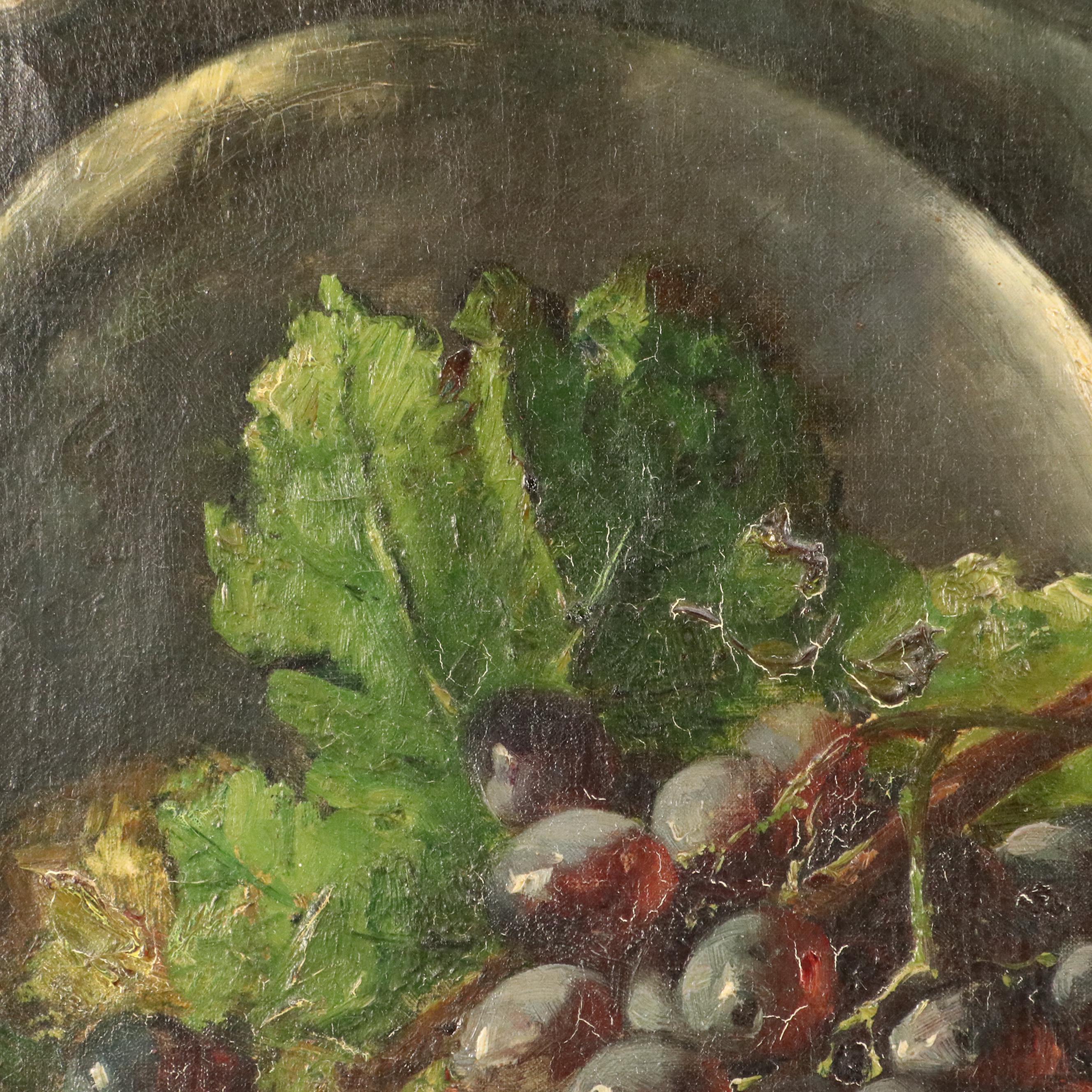 Eugène Claude Oil Painting of Still Life with Wine, Peaches, and Grapes, c. 1900