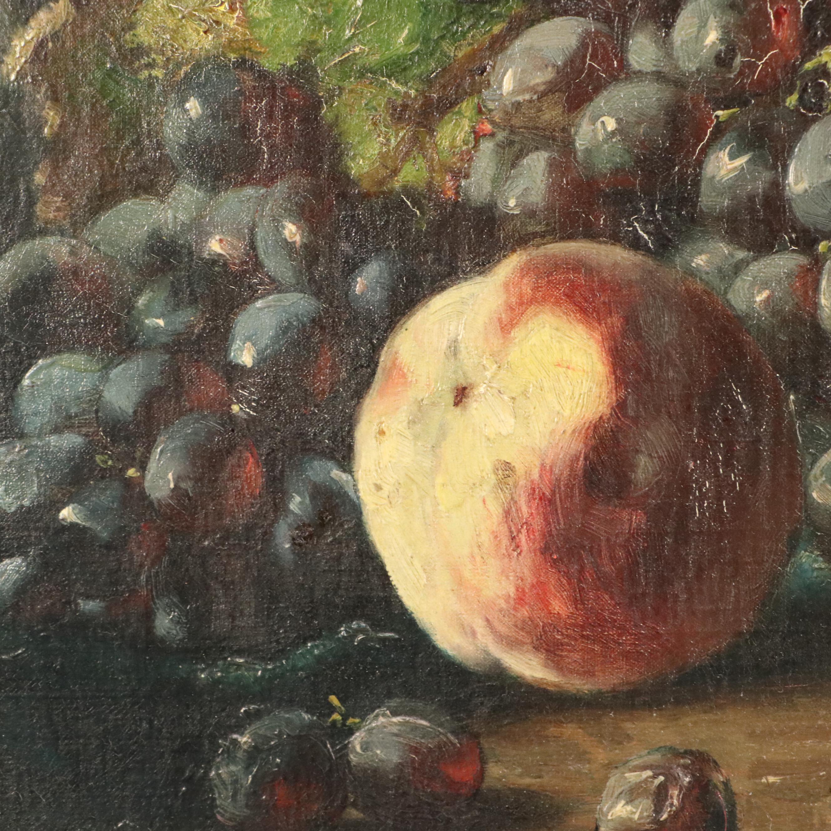 Eugène Claude Oil Painting of Still Life with Wine, Peaches, and Grapes, c. 1900