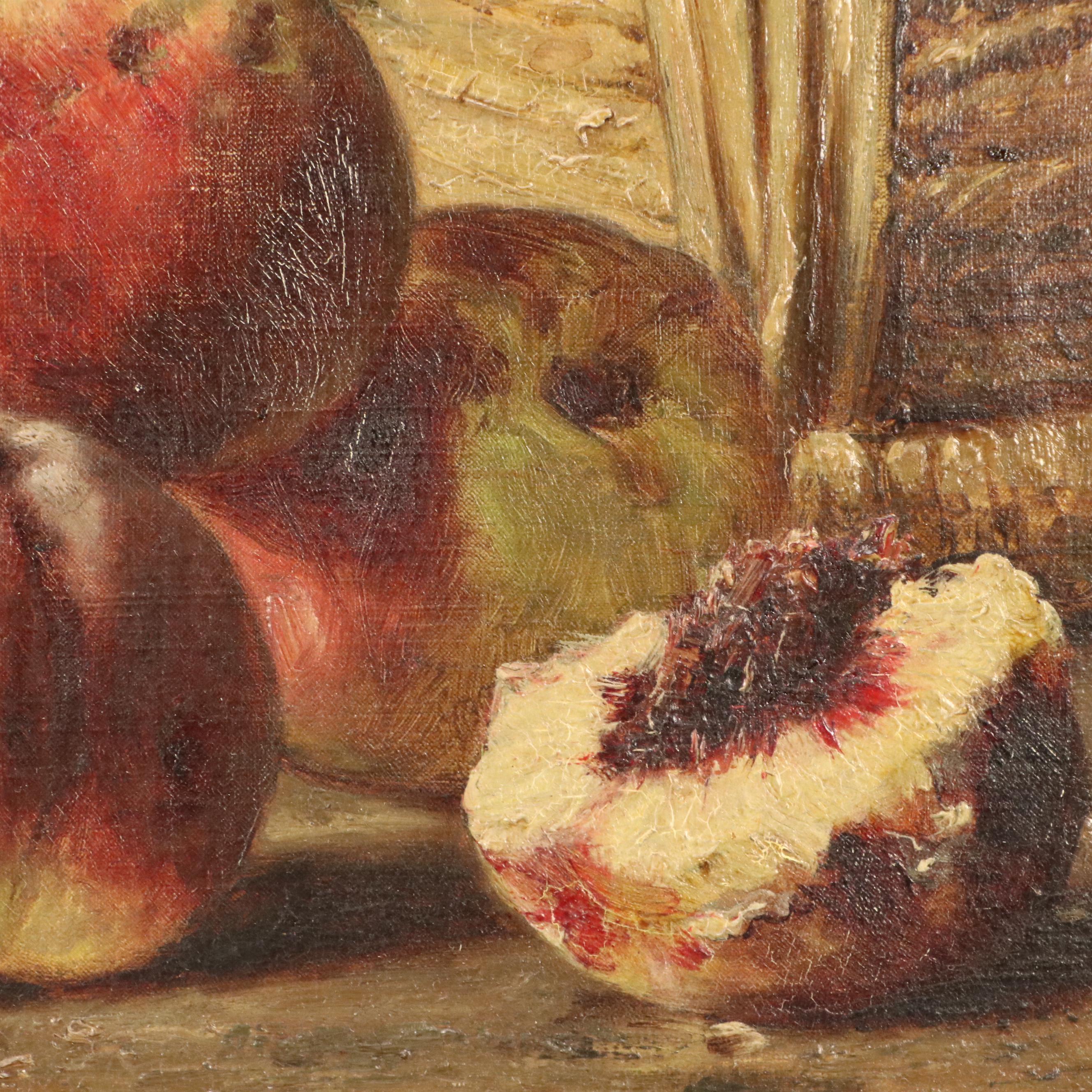 Eugène Claude Oil Painting of Still Life with Wine, Peaches, and Grapes, c. 1900