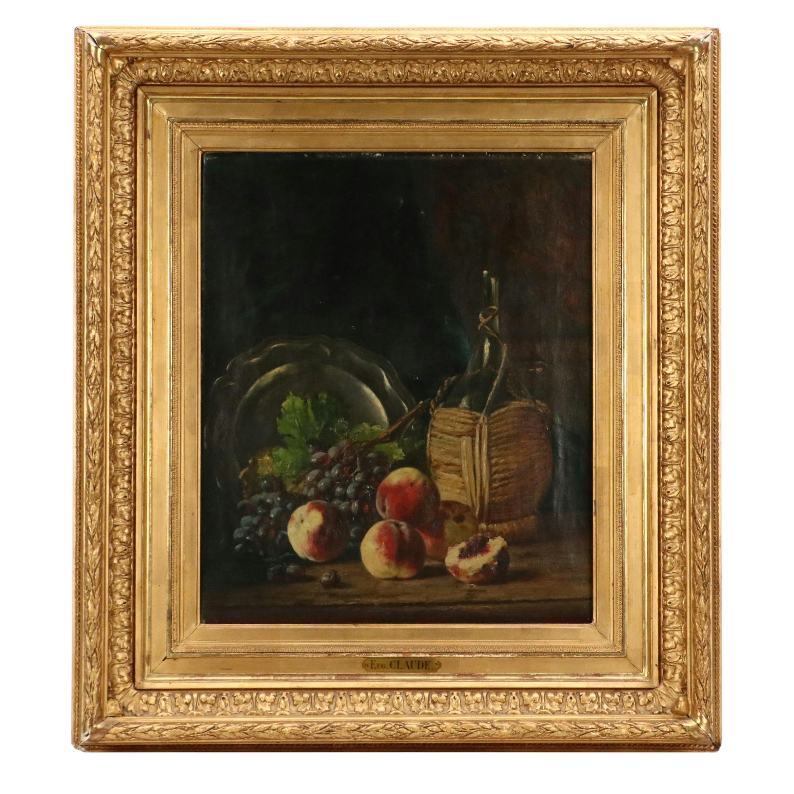 Eugène Claude Oil Painting of Still Life with Wine, Peaches, and Grapes, c. 1900