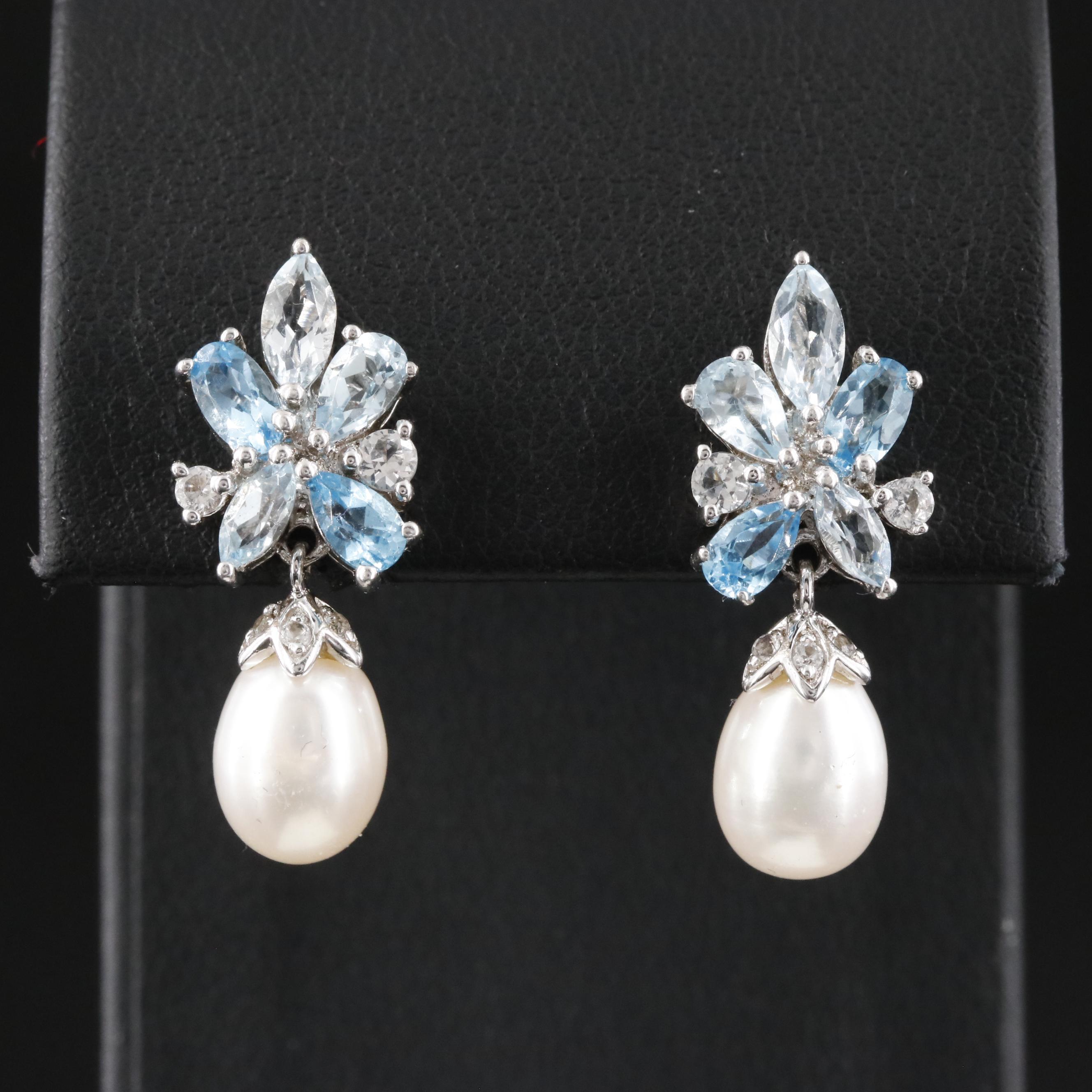 Sterling Pearl, Topaz and White Topaz Earrings