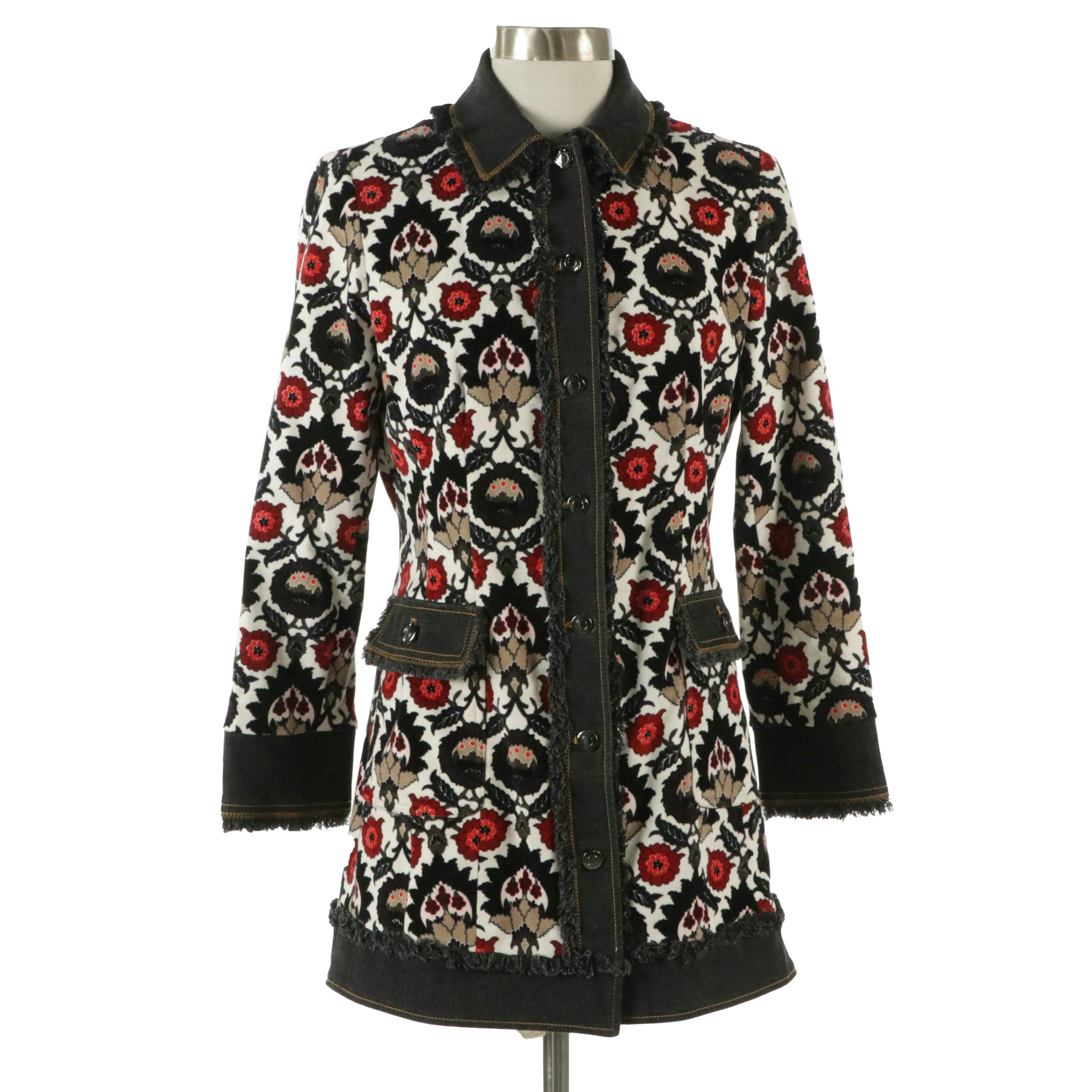 Etcetera Floral Tapestry Jacket with Frayed Denim Trim