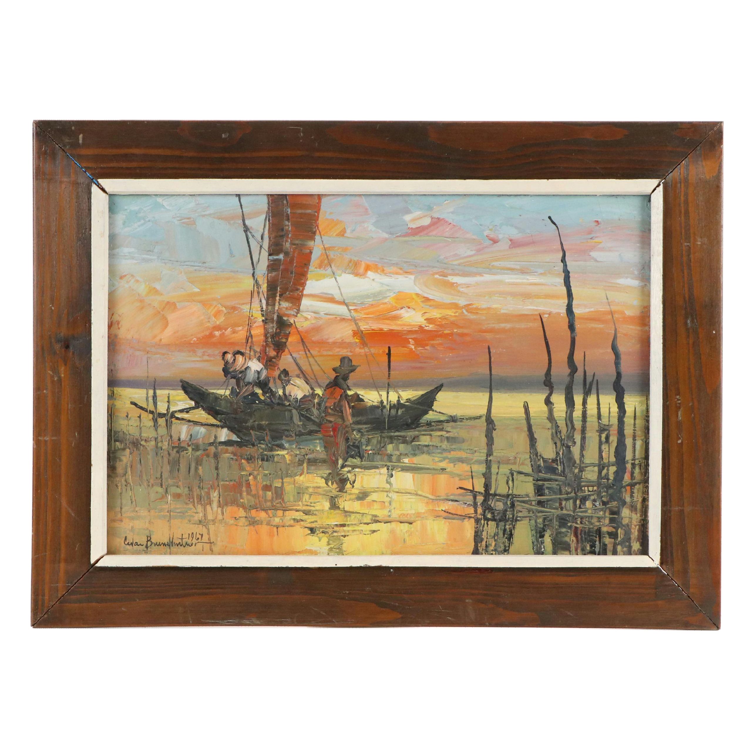 Cesar Buenaventura Oil Painting of Fishing Scene, 1967