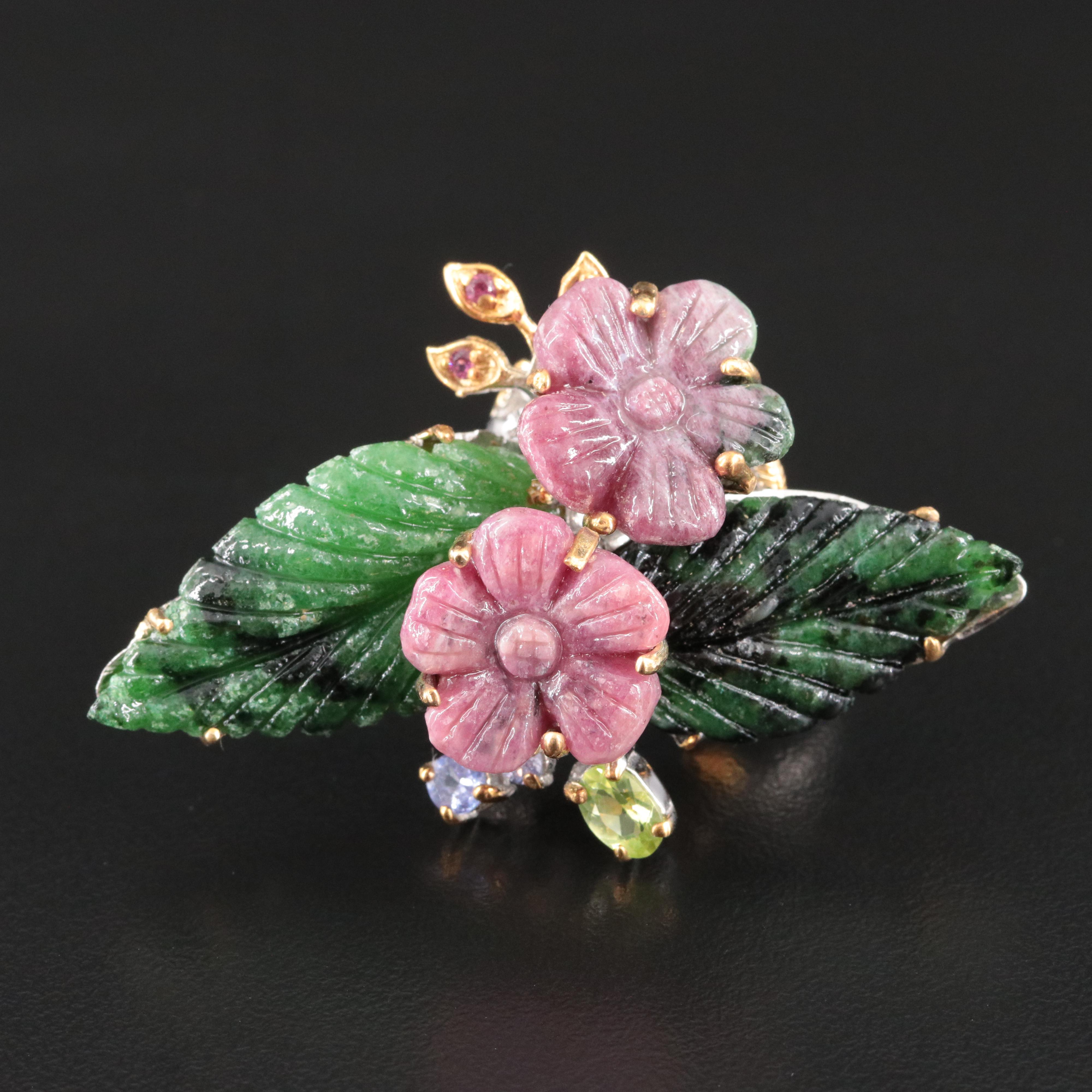 Sterling Carved Floral Ring with Ruby in Zoisite, Tanzanite and Peridot