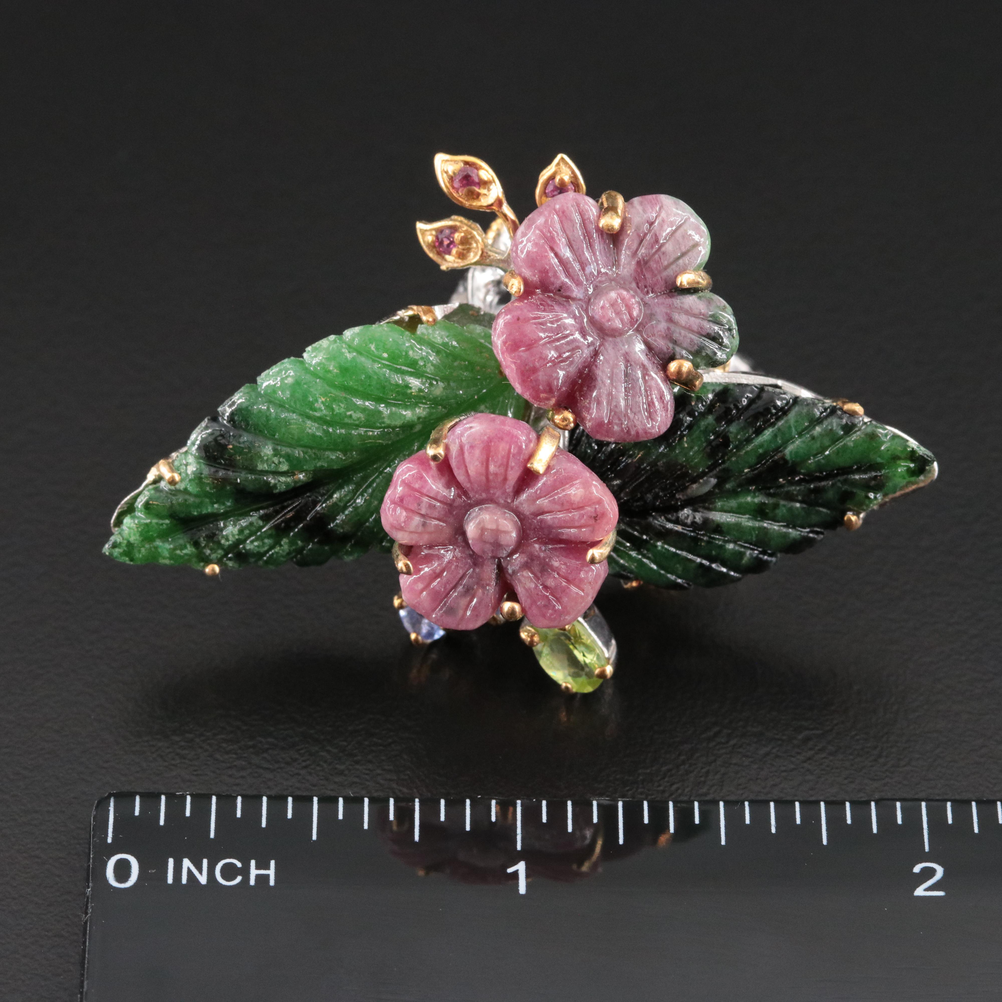 Sterling Carved Floral Ring with Ruby in Zoisite, Tanzanite and Peridot