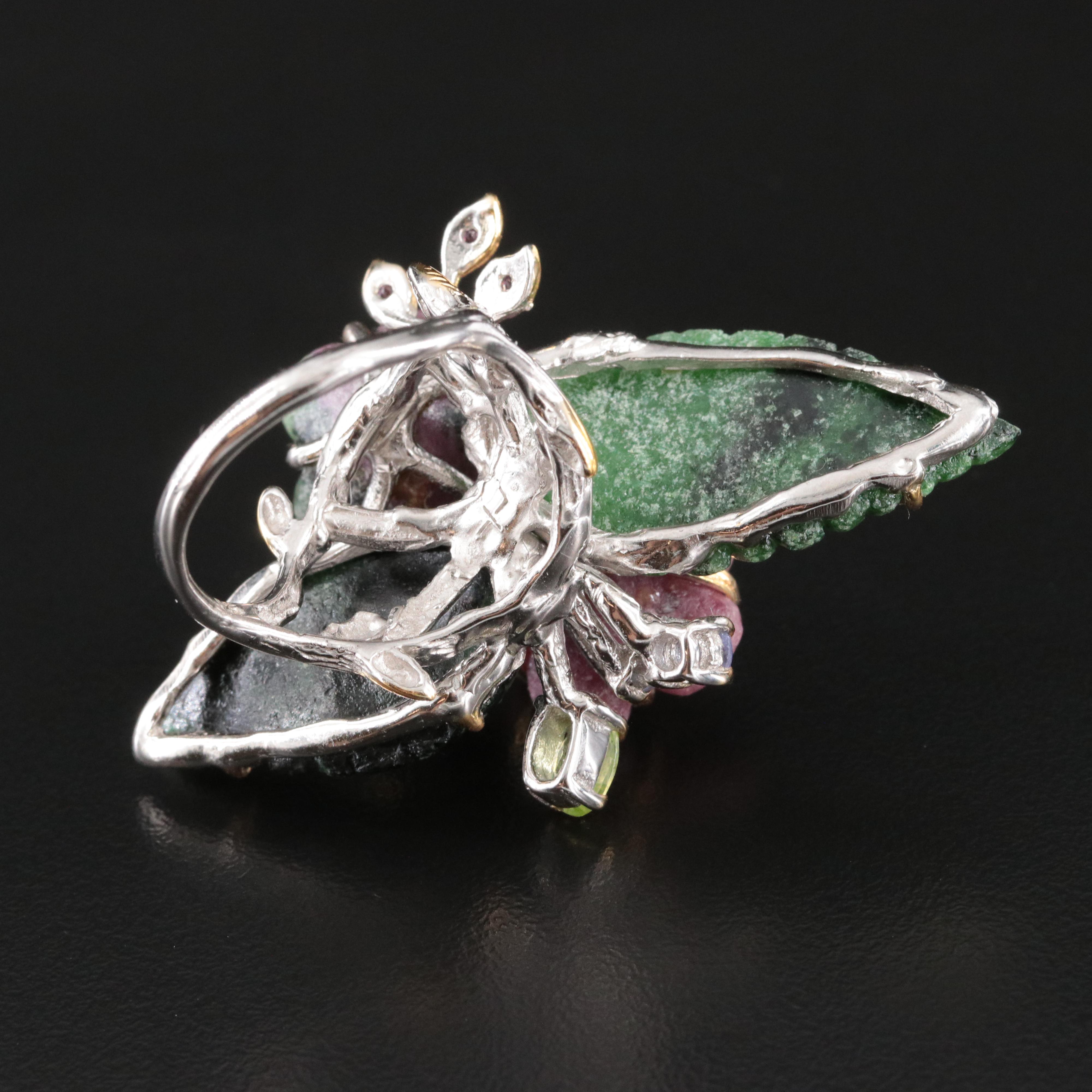 Sterling Carved Floral Ring with Ruby in Zoisite, Tanzanite and Peridot