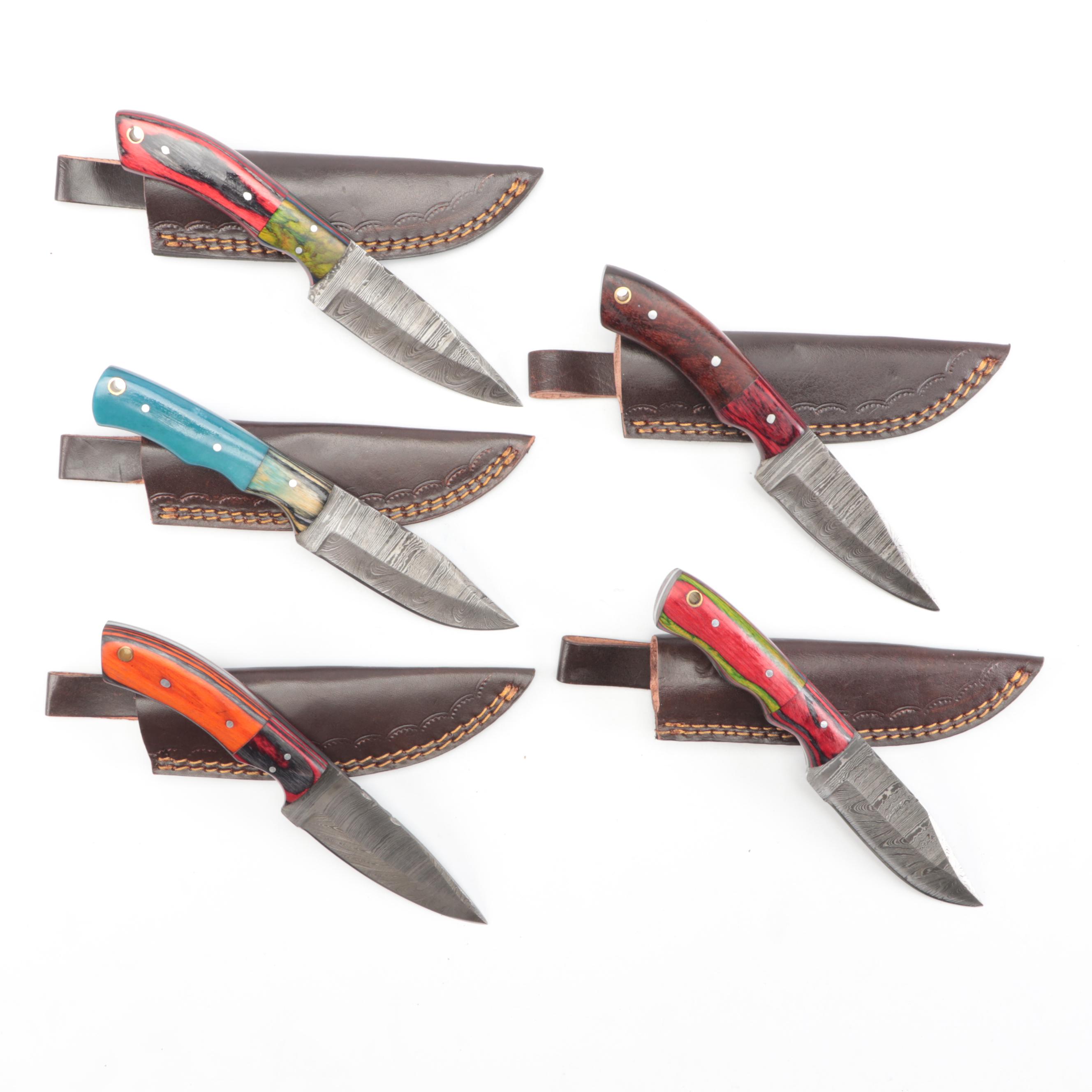 Damascus Steel Fixed Blade Knives with Leather Covers