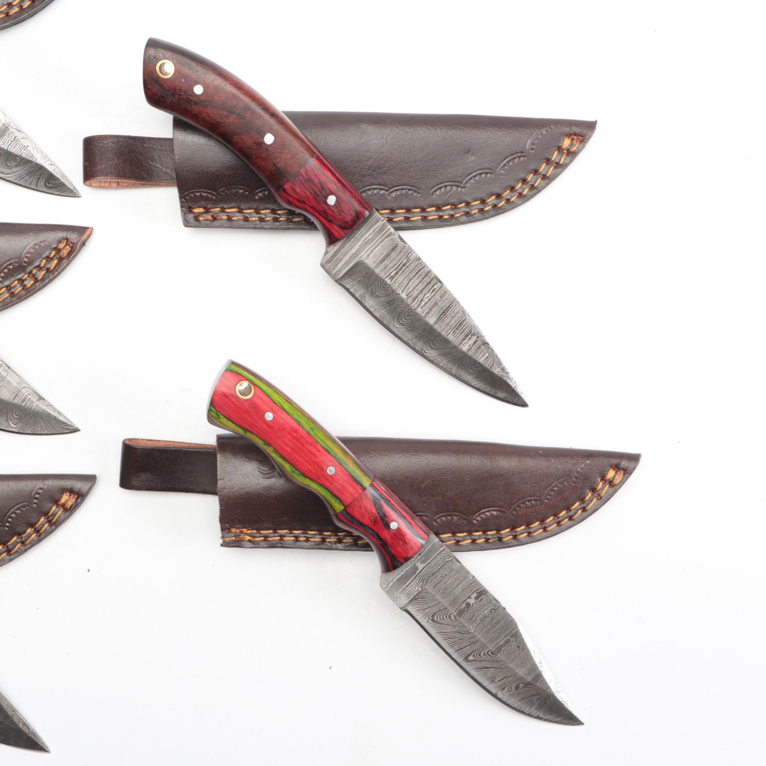 Damascus Steel Fixed Blade Knives with Leather Covers