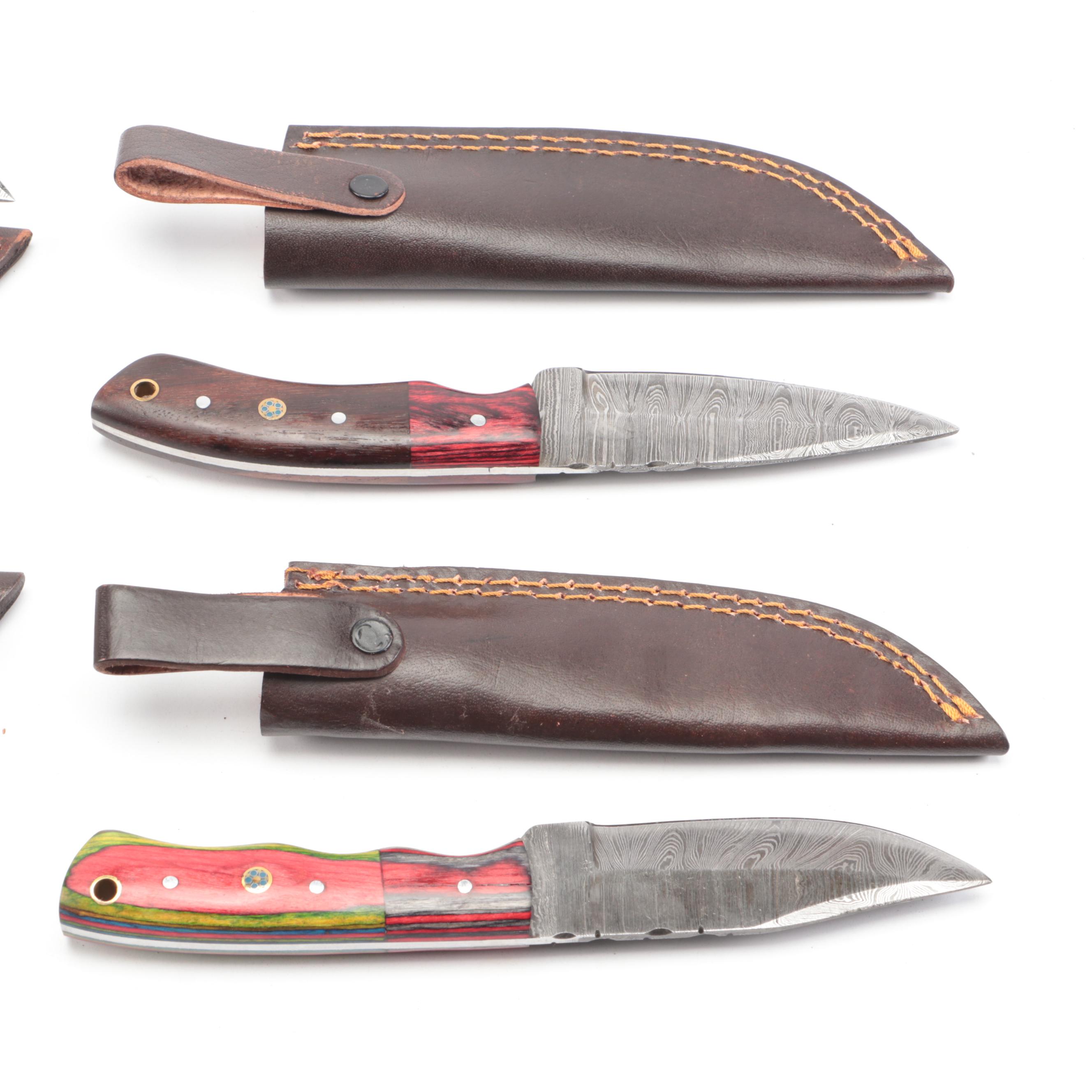 Damascus Steel Fixed Blade Knives with Leather Covers
