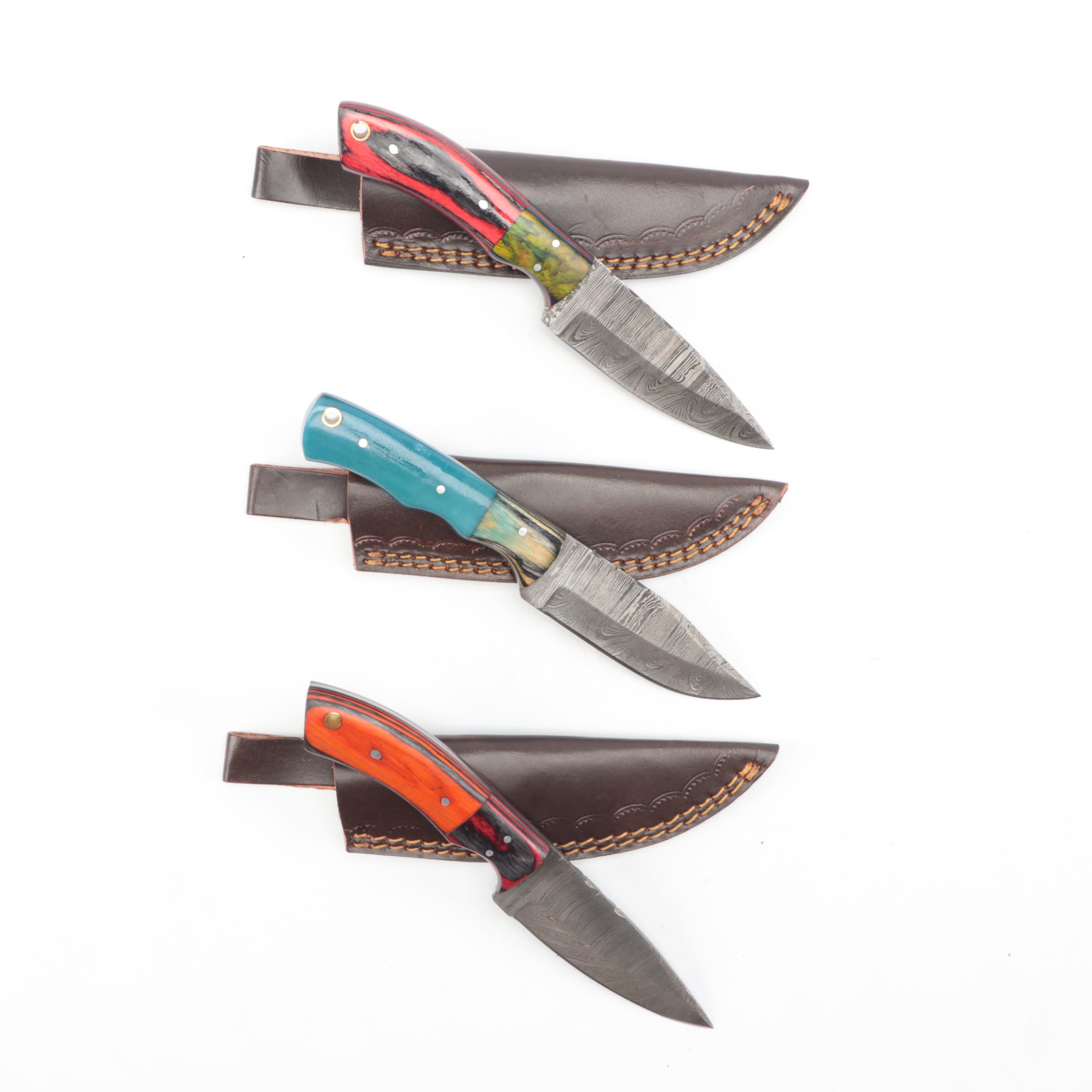 Damascus Steel Fixed Blade Knives with Leather Covers