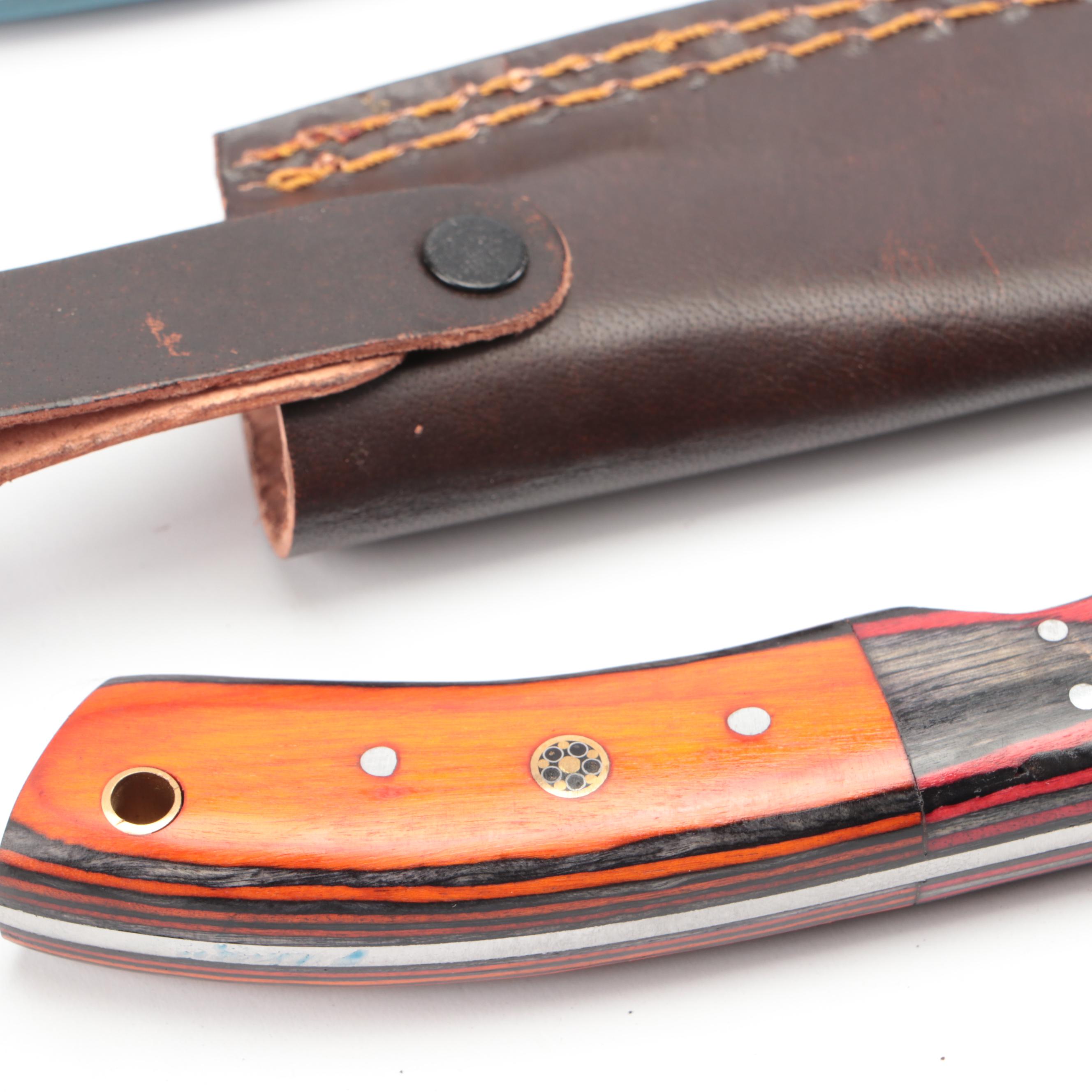 Damascus Steel Fixed Blade Knives with Leather Covers