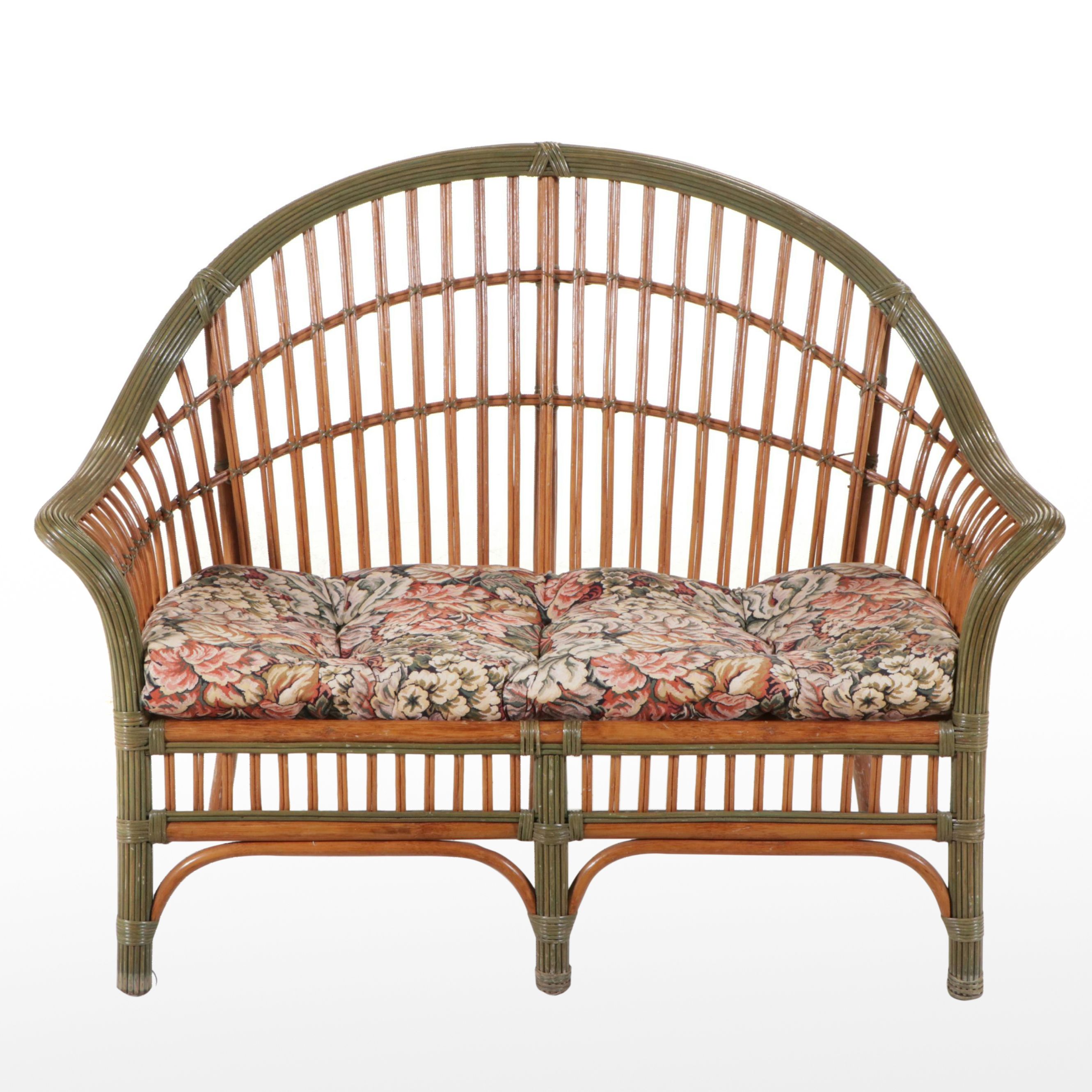 Parcel-Painted Rattan Bench with Floral Seat Cushion