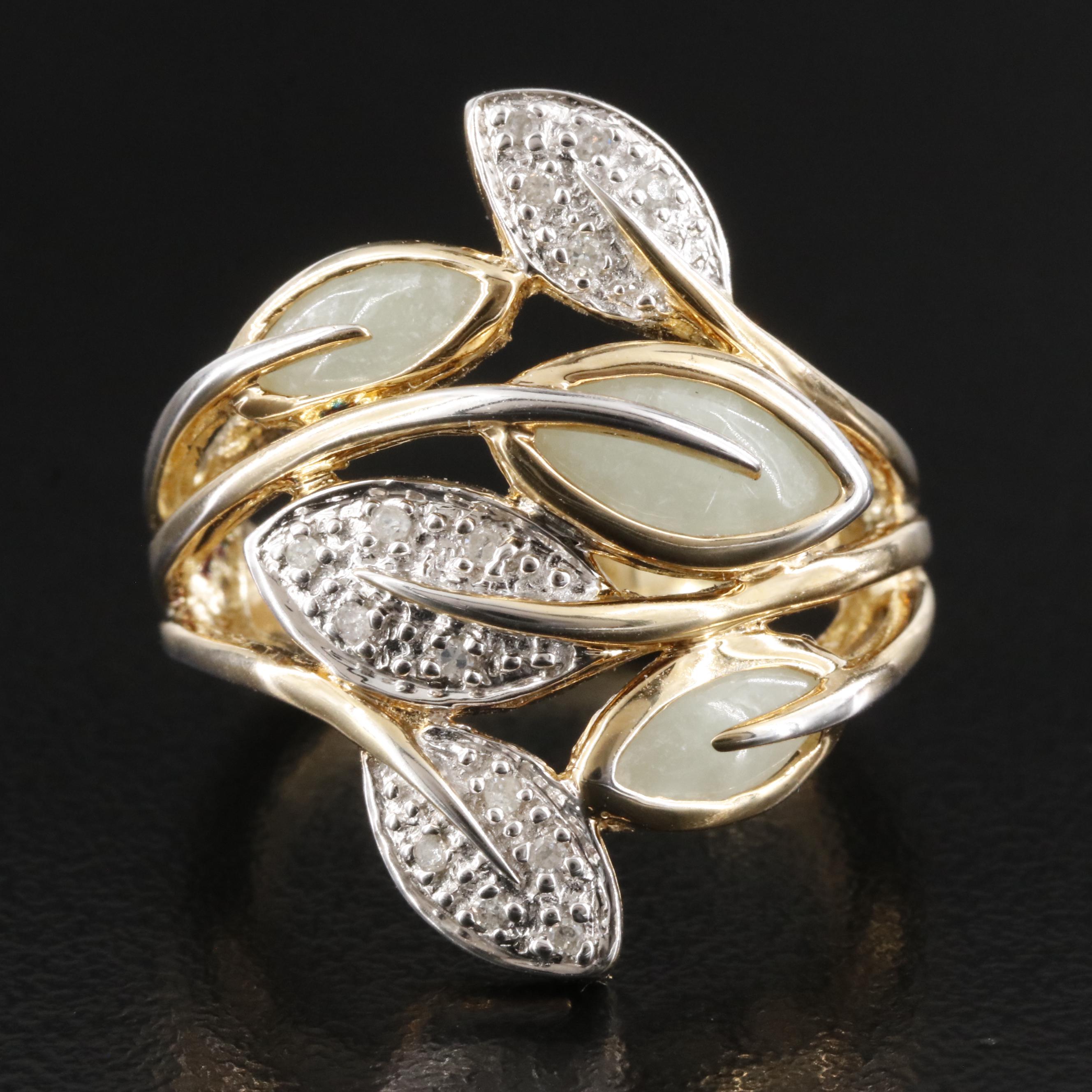 Sterling Jadeite and Diamond Leaf Ring