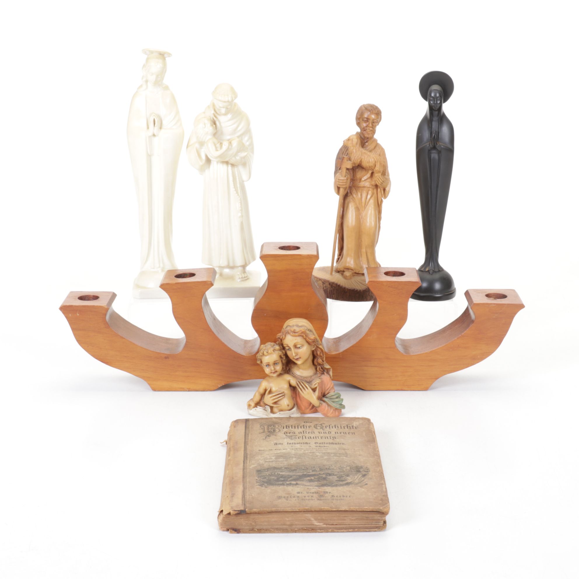 19th Century German Bible with Madonna & Other Christian Figurines