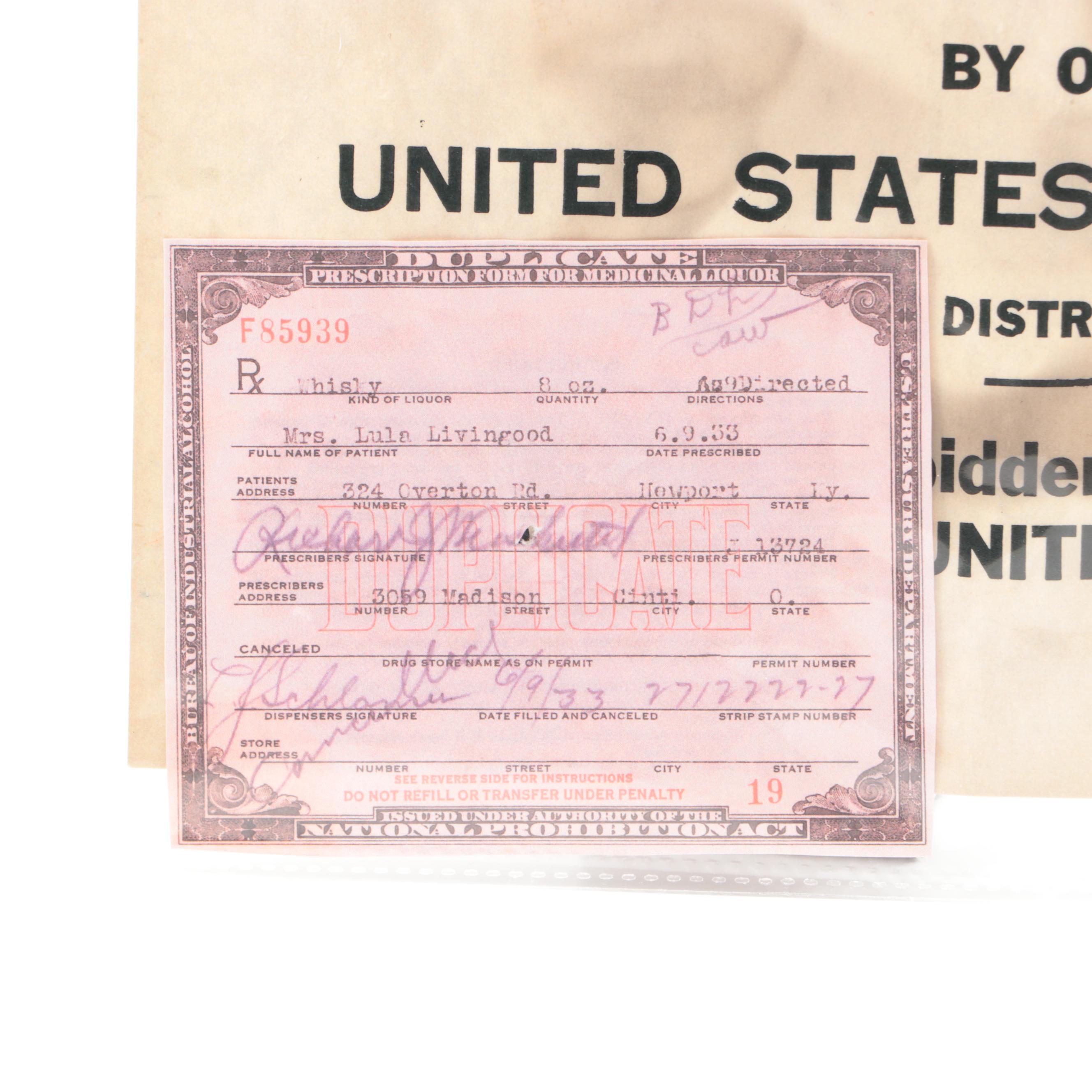 Prohibition Style Whisky Prescription Form with Reproduction Sign