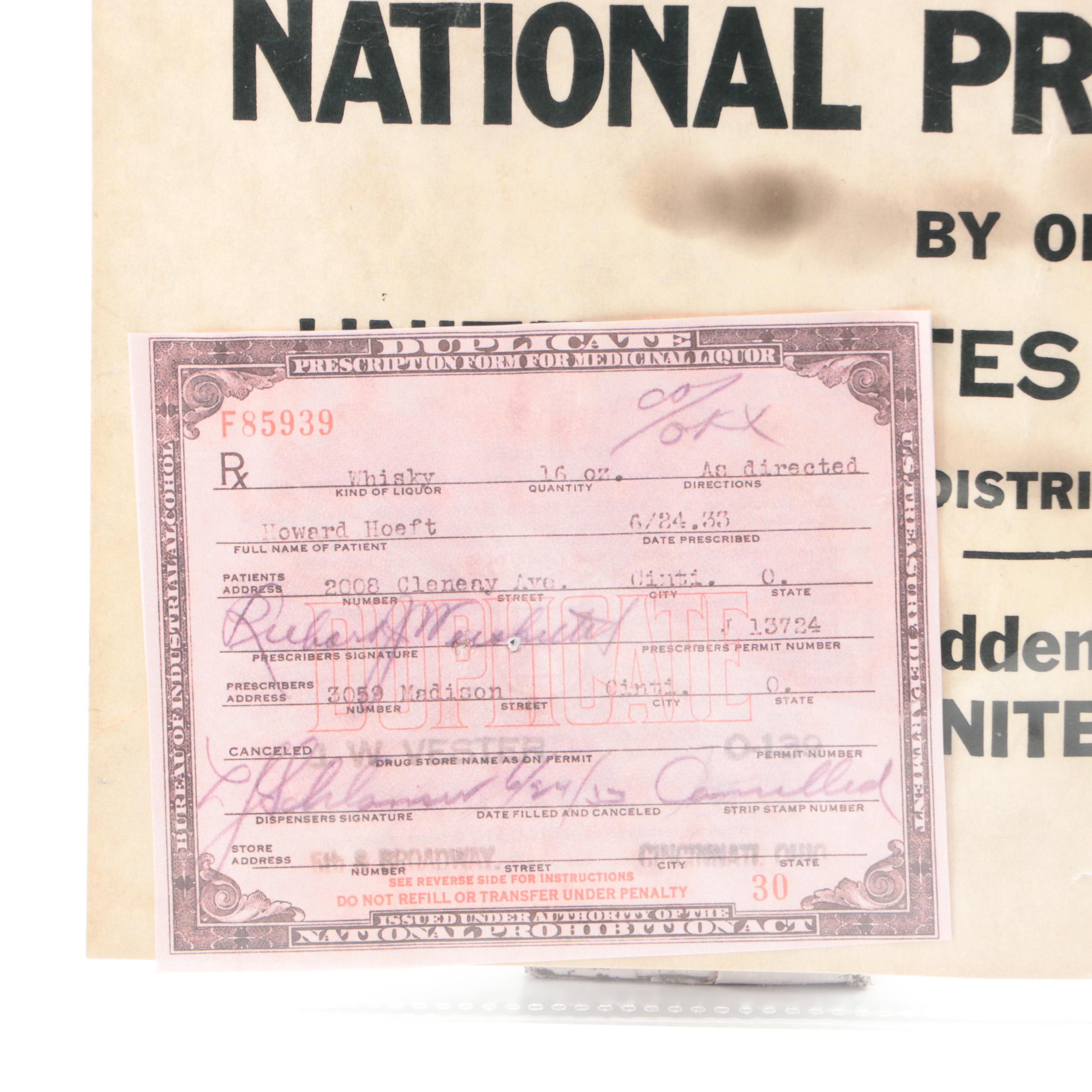 Prohibition Style Whisky Prescription Form with Reproduction Sign