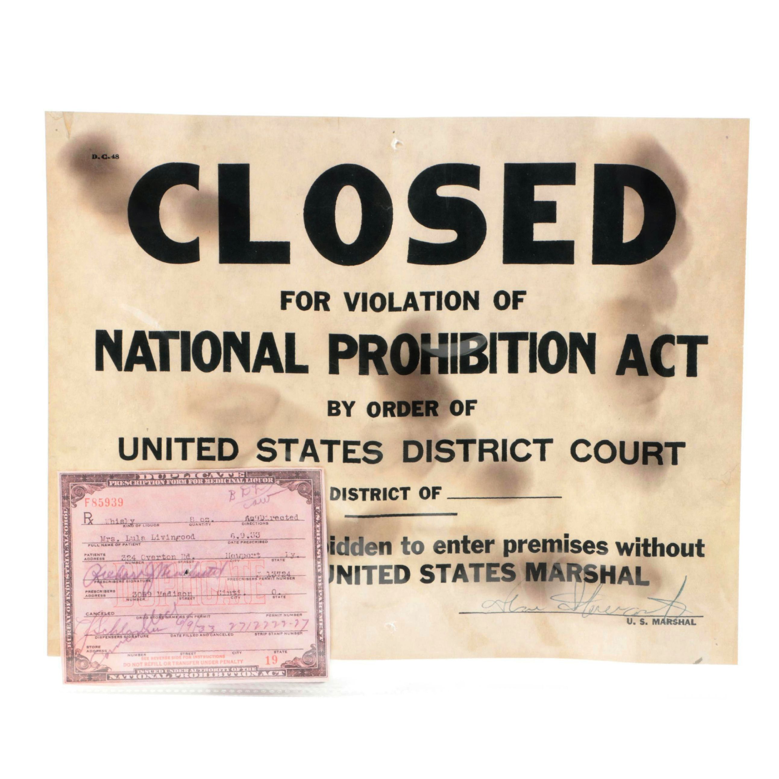 Prohibition Style Whisky Prescription Form with Reproduction Sign