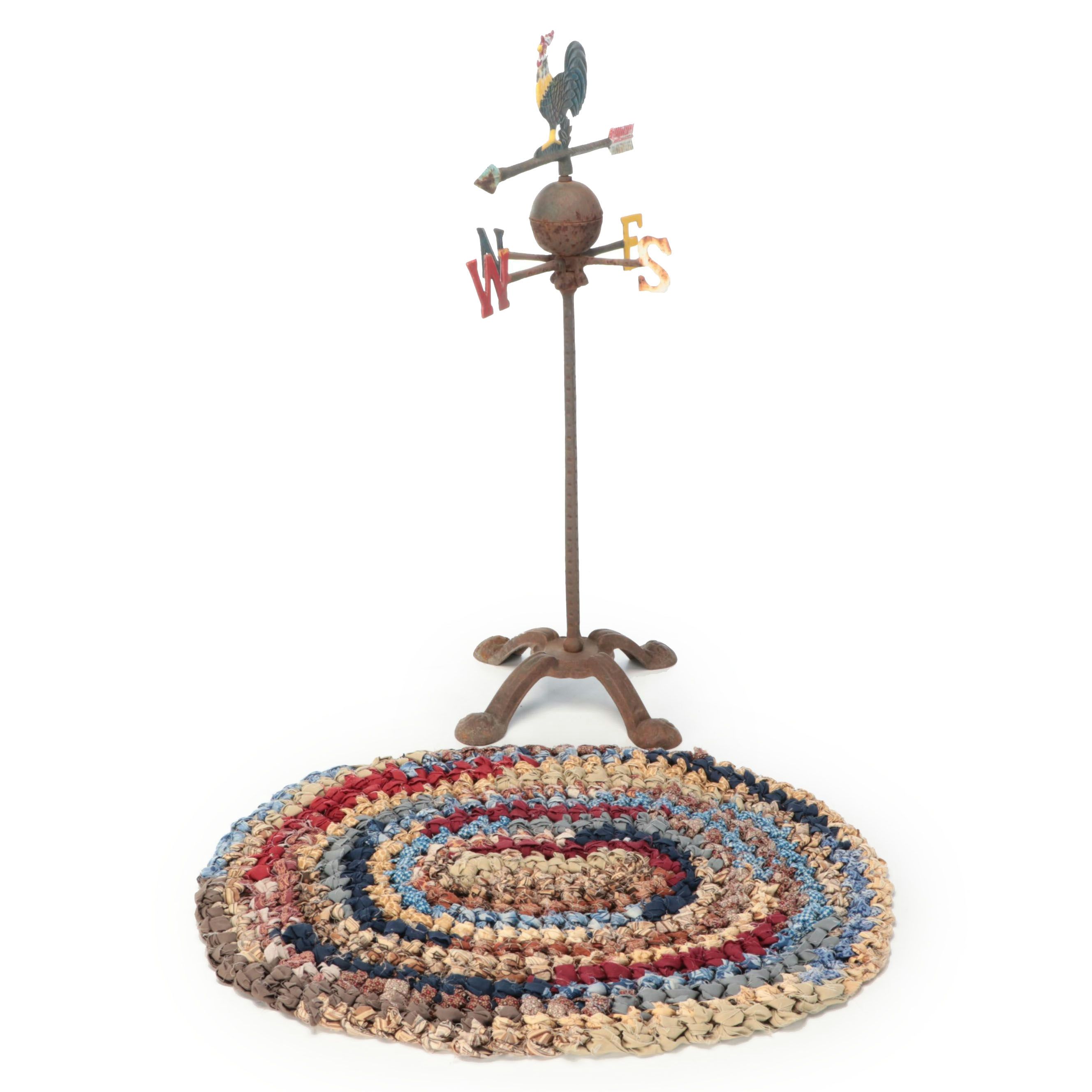 Hand-Painted Metal Rooster Weathervane with Braided Rag Rug