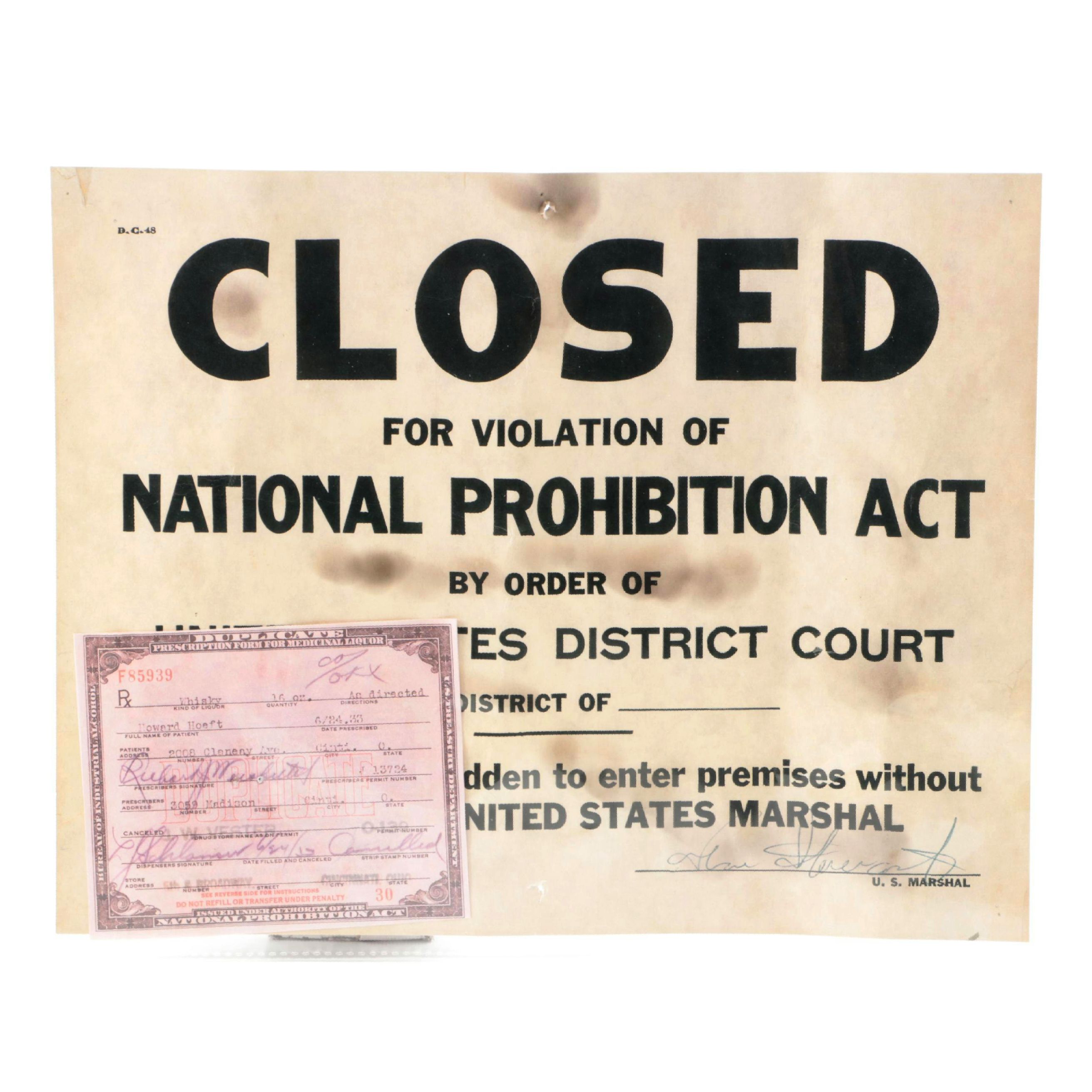 Prohibition Style Whisky Prescription Form with Reproduction Sign