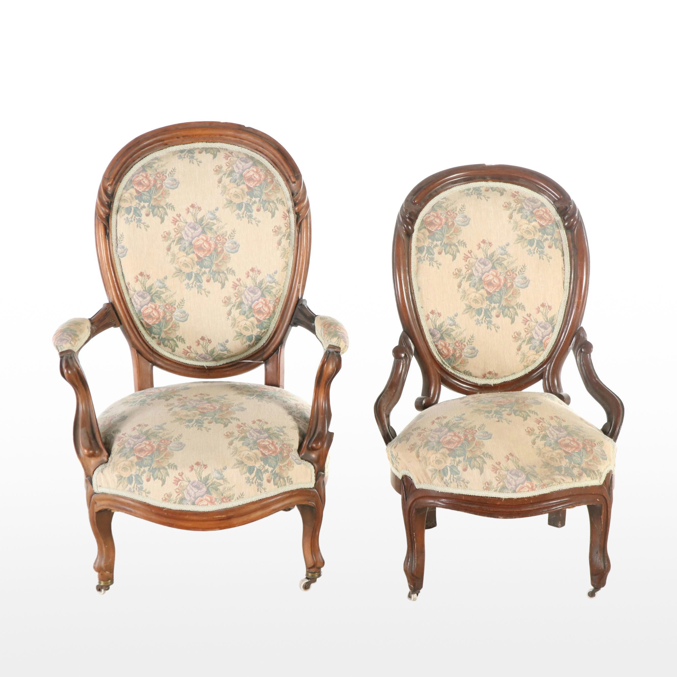 Two Victorian Rococo Floral Upholstered Walnut Parlor Chairs, 1860s