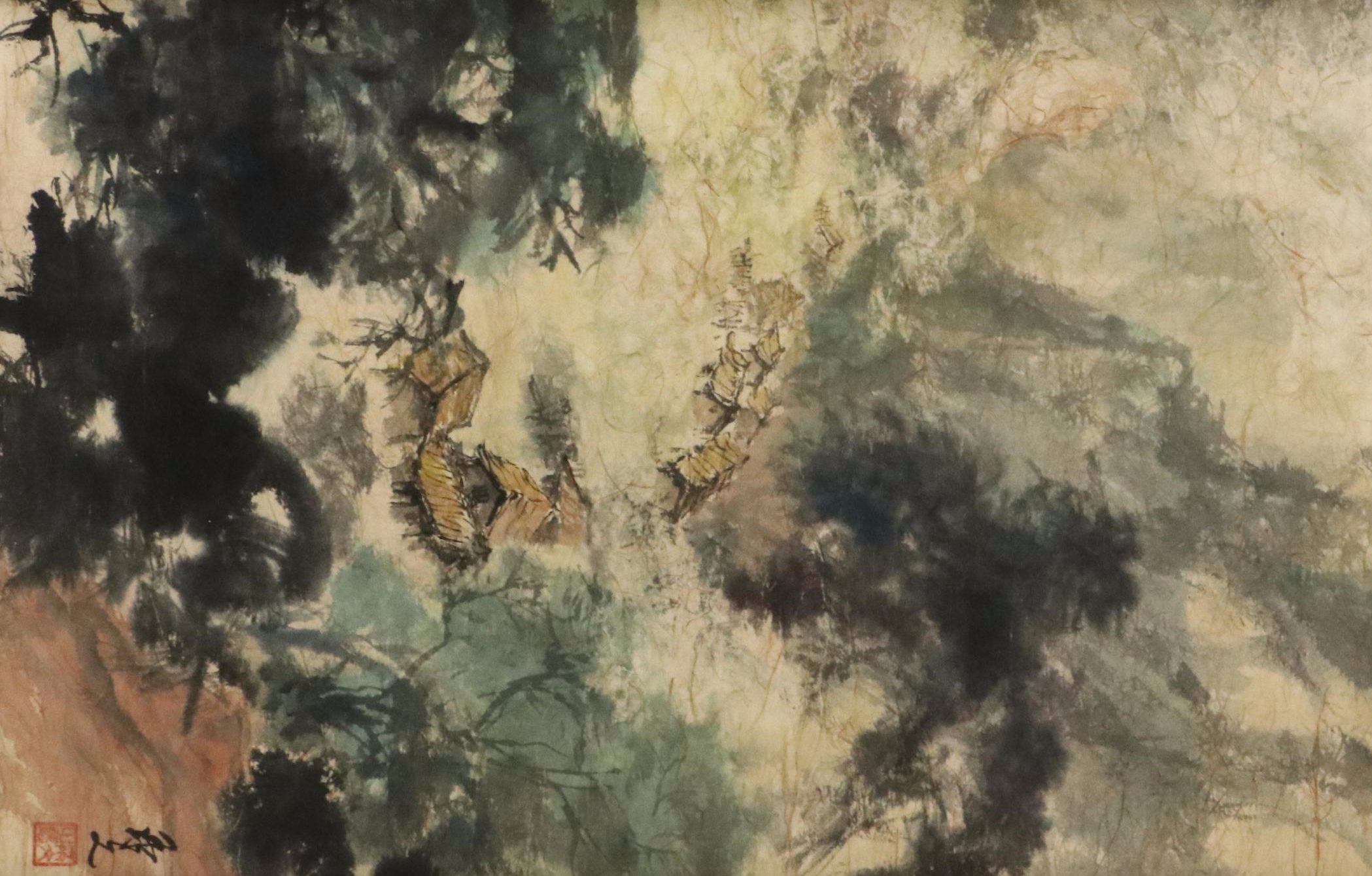 Chinese School Watercolor Painting of Mountain Landscape with Houses