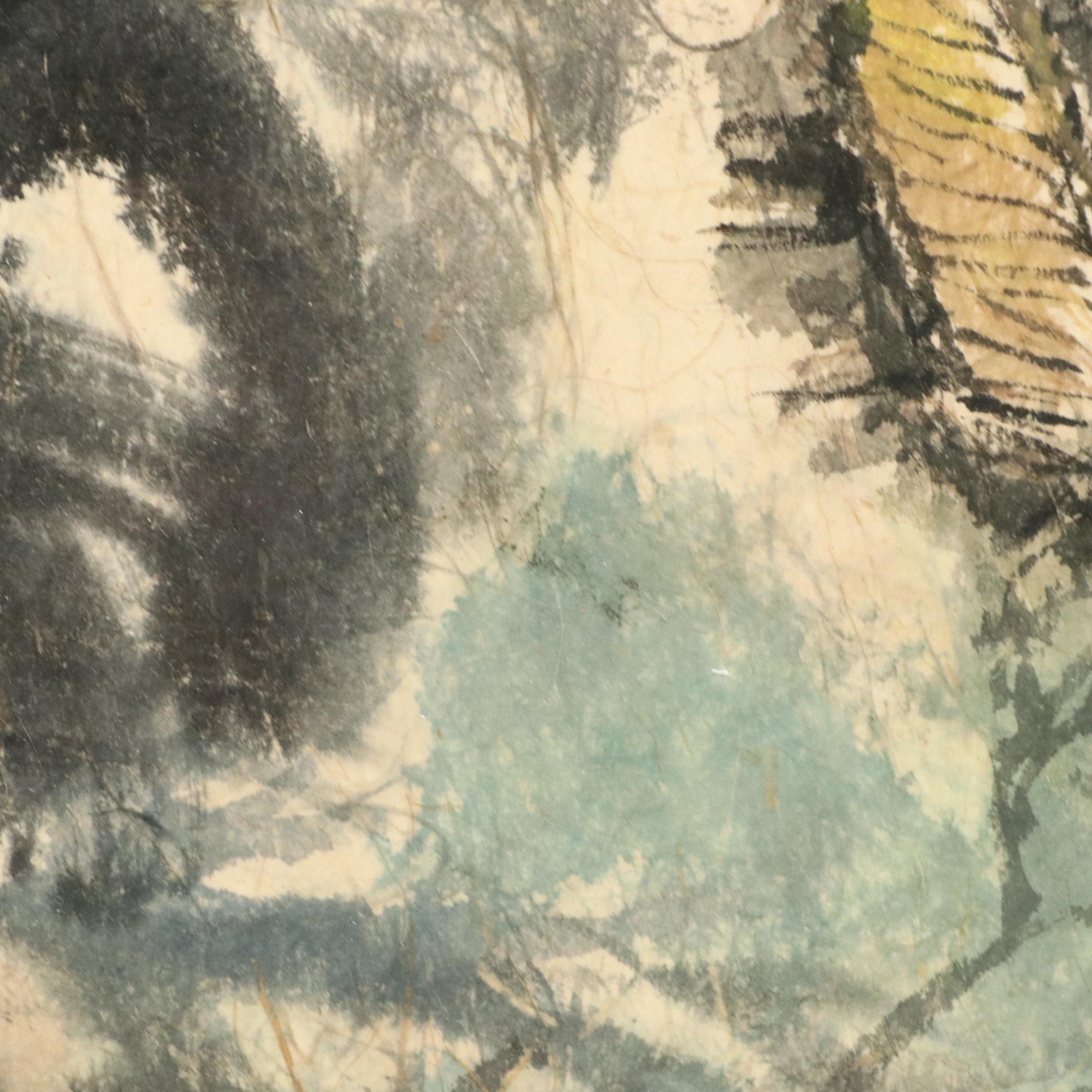 Chinese School Watercolor Painting of Mountain Landscape with Houses