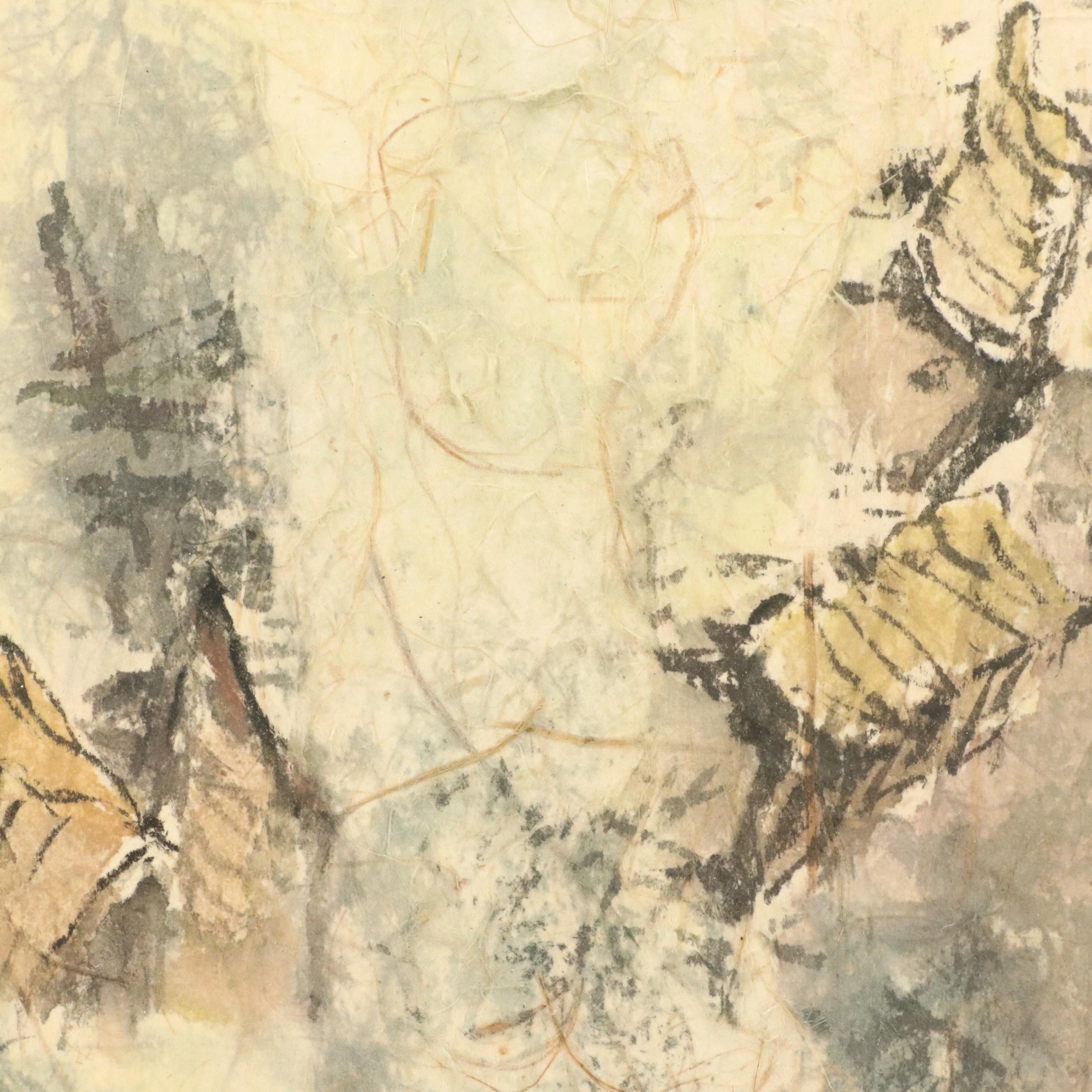 Chinese School Watercolor Painting of Mountain Landscape with Houses