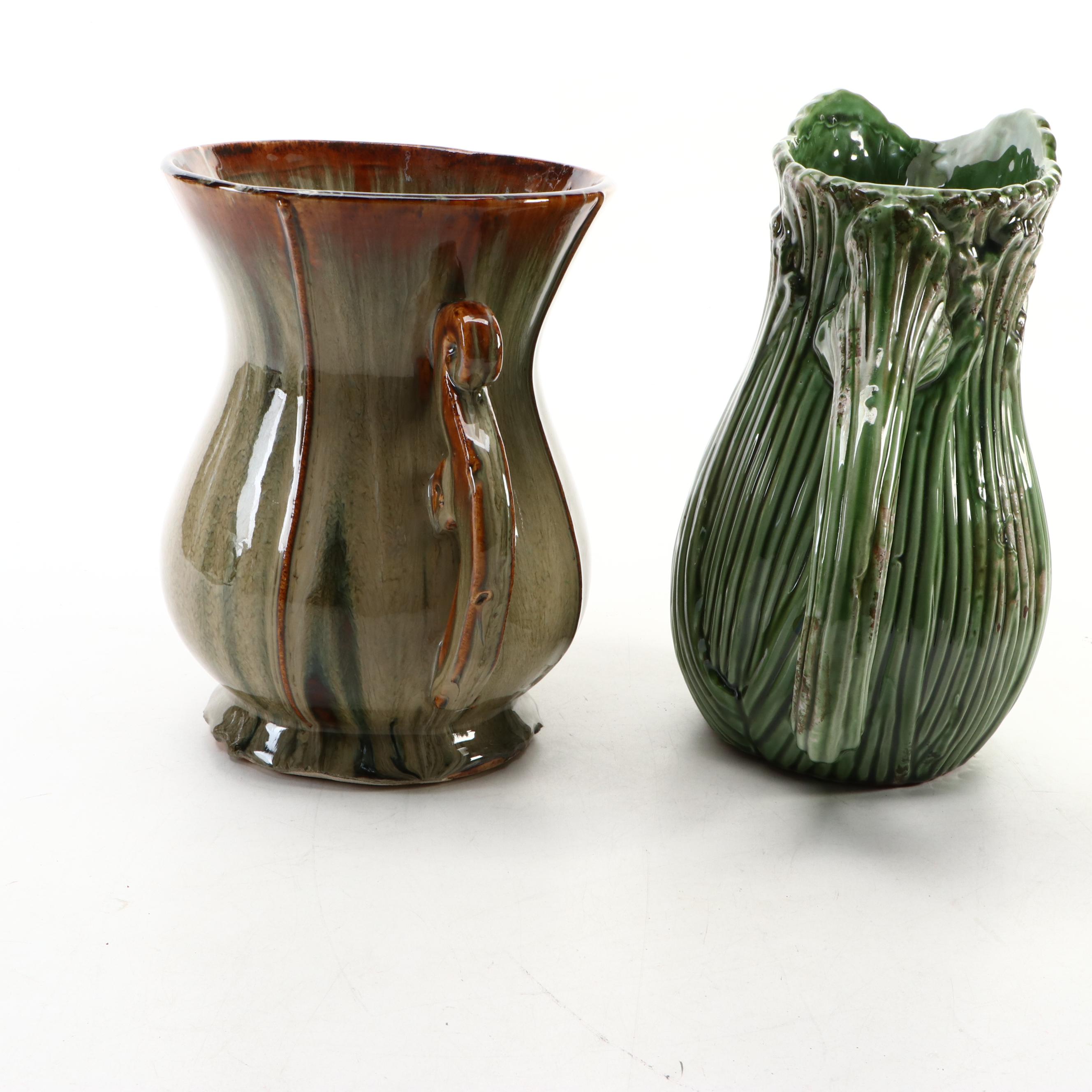 Bordallo Pinheiro Style Pitcher with Other Handmade Ceramic Vessels
