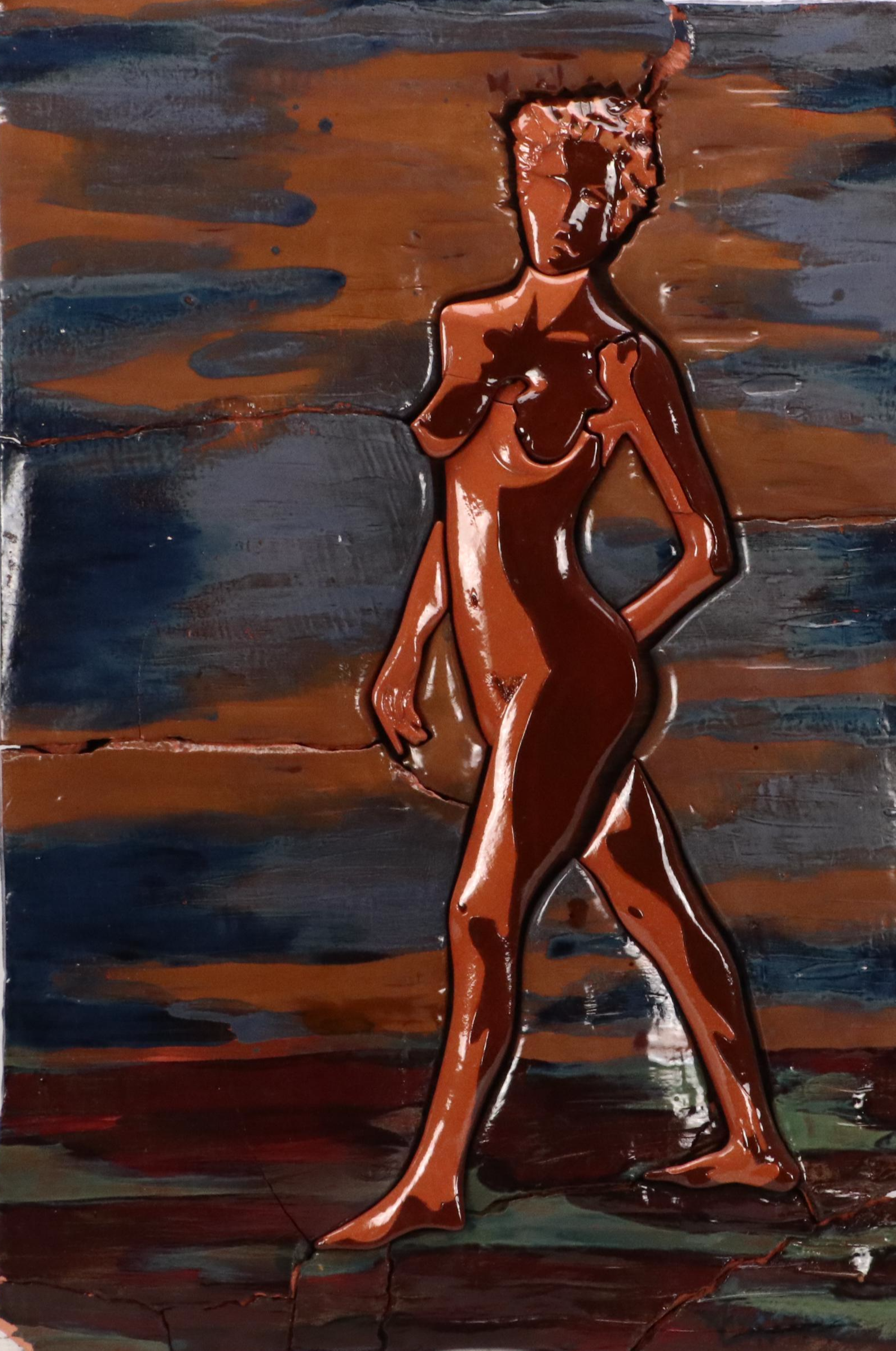 Figural Glazed Terracotta Relief Sculpture of Nude Woman