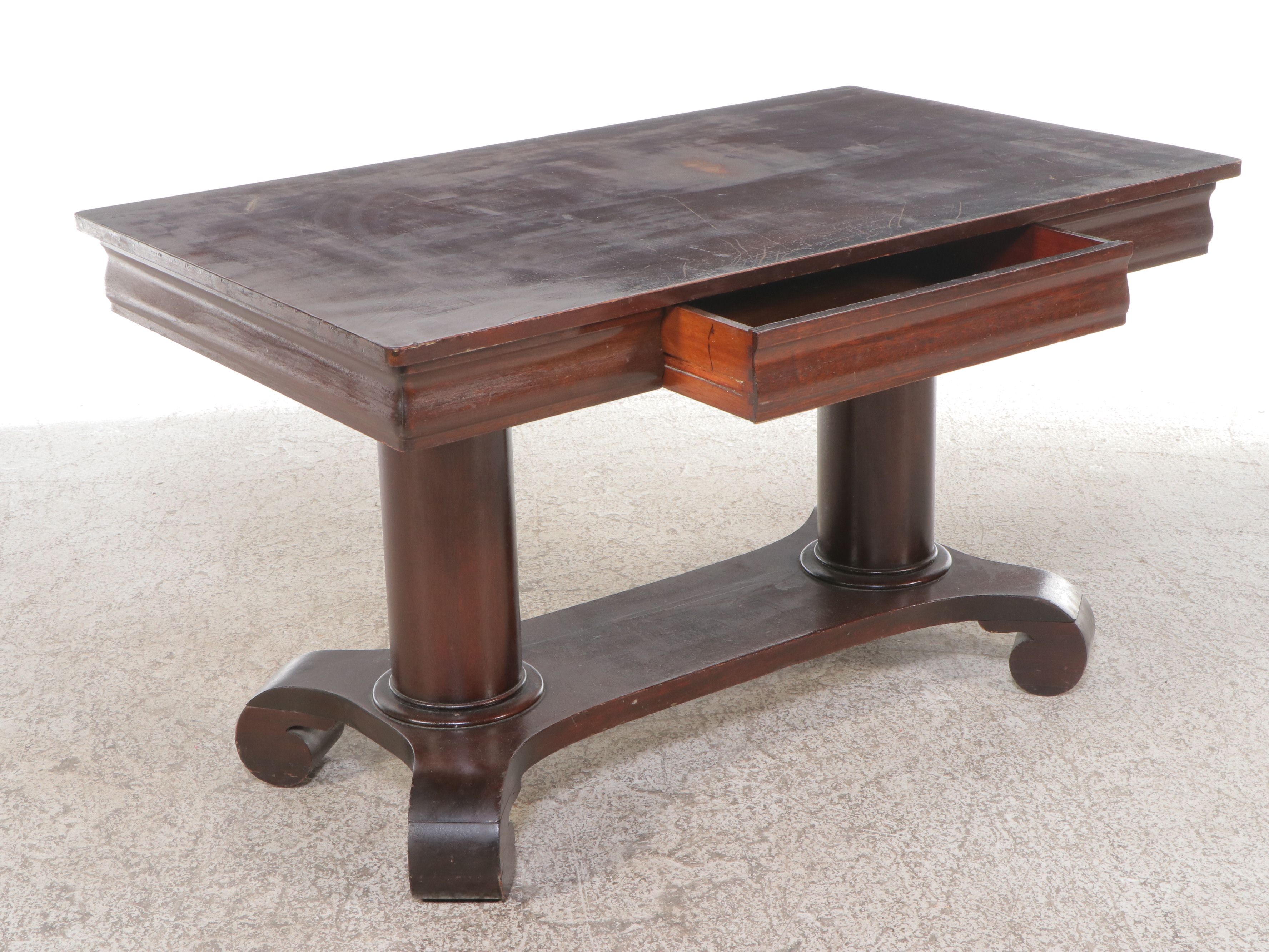 American Empire Style Mahogany Library Table with Center Drawer