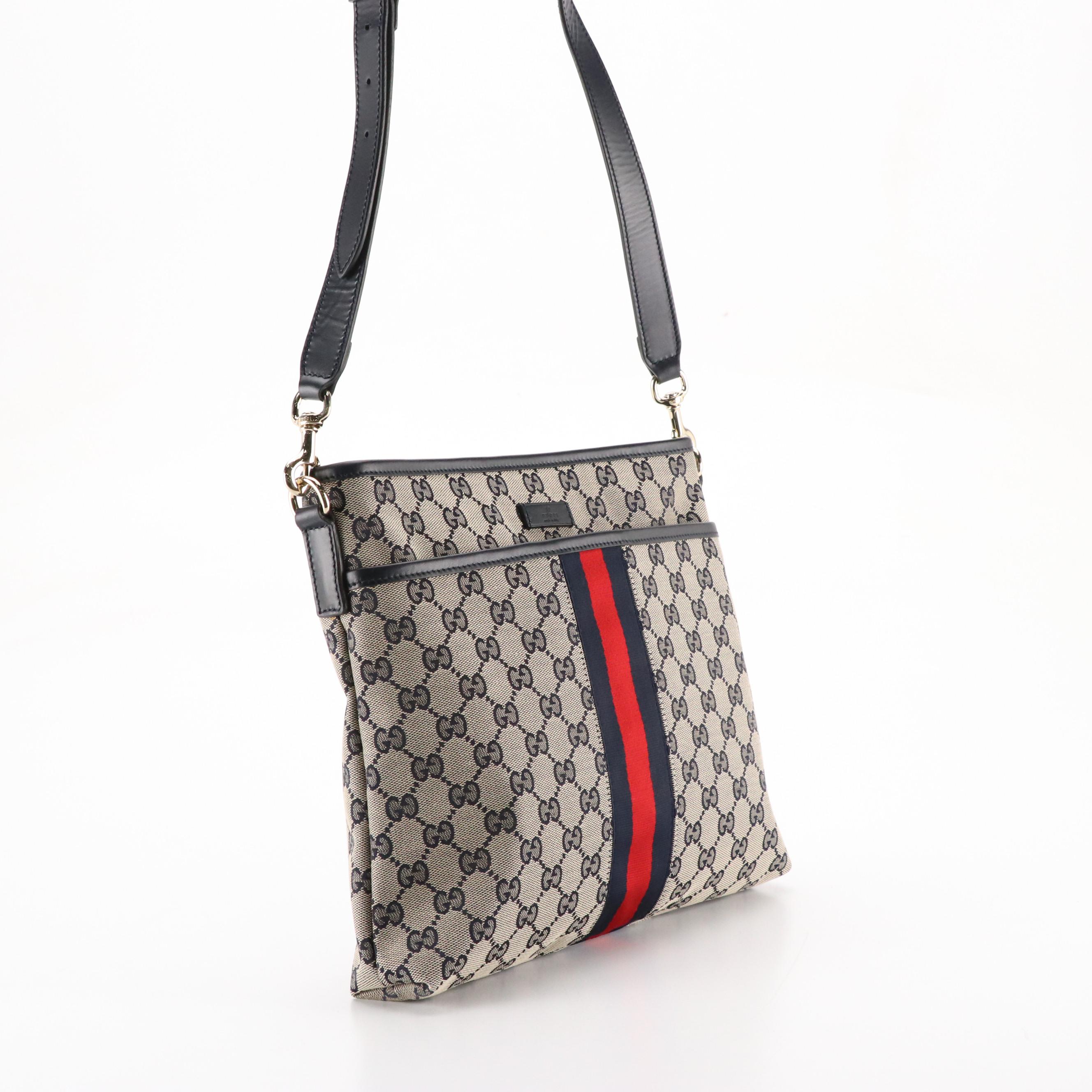 Gucci Front Pocket Messenger Bag in Navy Blue GG Canvas, Web Stripe and Leather