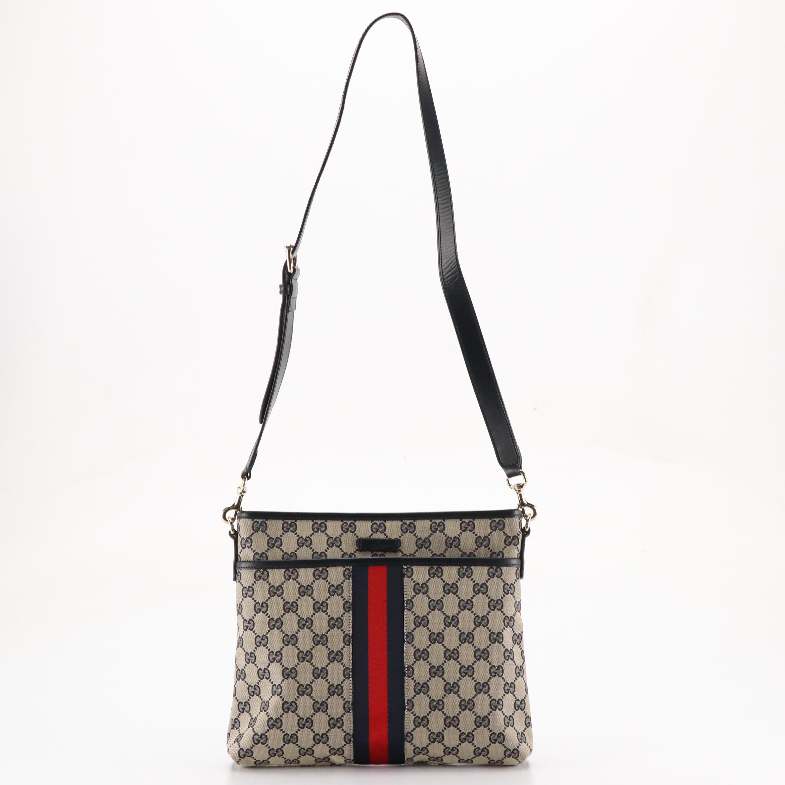 Gucci Front Pocket Messenger Bag in Navy Blue GG Canvas, Web Stripe and Leather