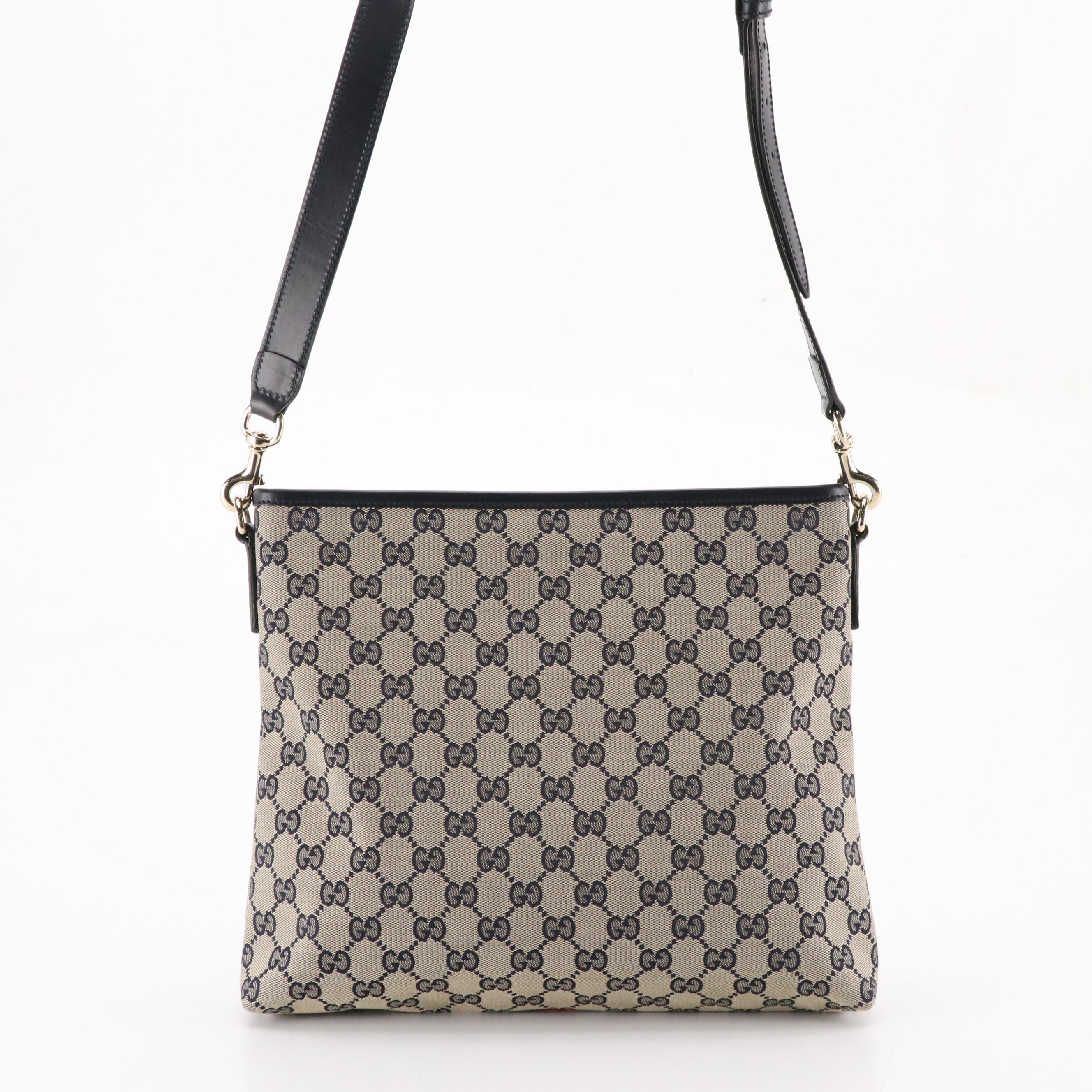 Gucci Front Pocket Messenger Bag in Navy Blue GG Canvas, Web Stripe and Leather