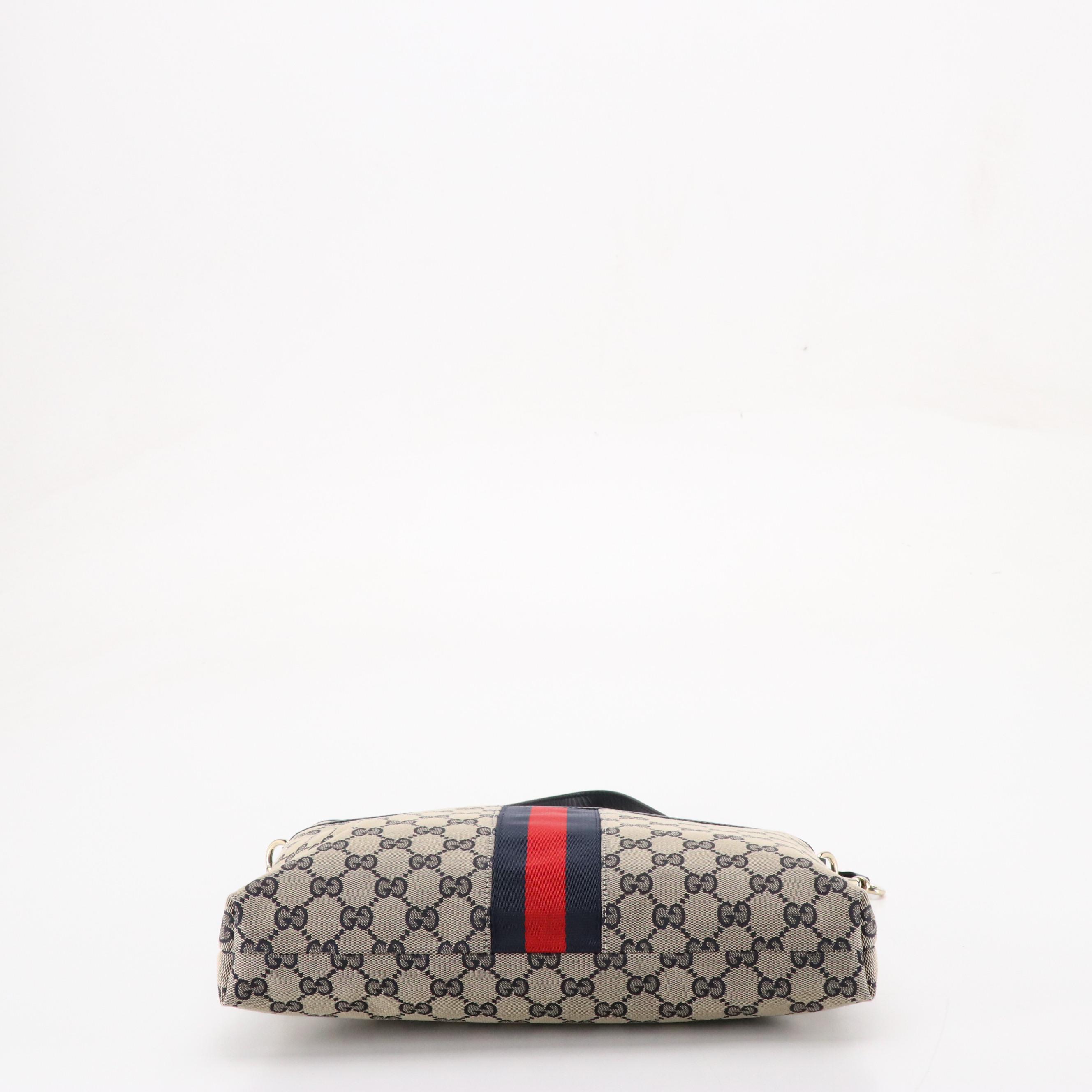 Gucci Front Pocket Messenger Bag in Navy Blue GG Canvas, Web Stripe and Leather
