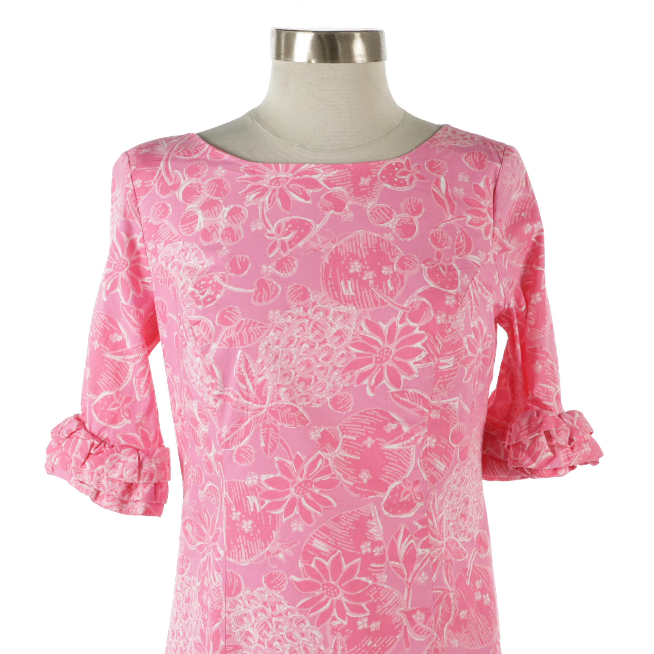 Lilly Pulitzer Ruffle Sleeve Shift Dress in Pink Printed Cotton Blend, With Tag