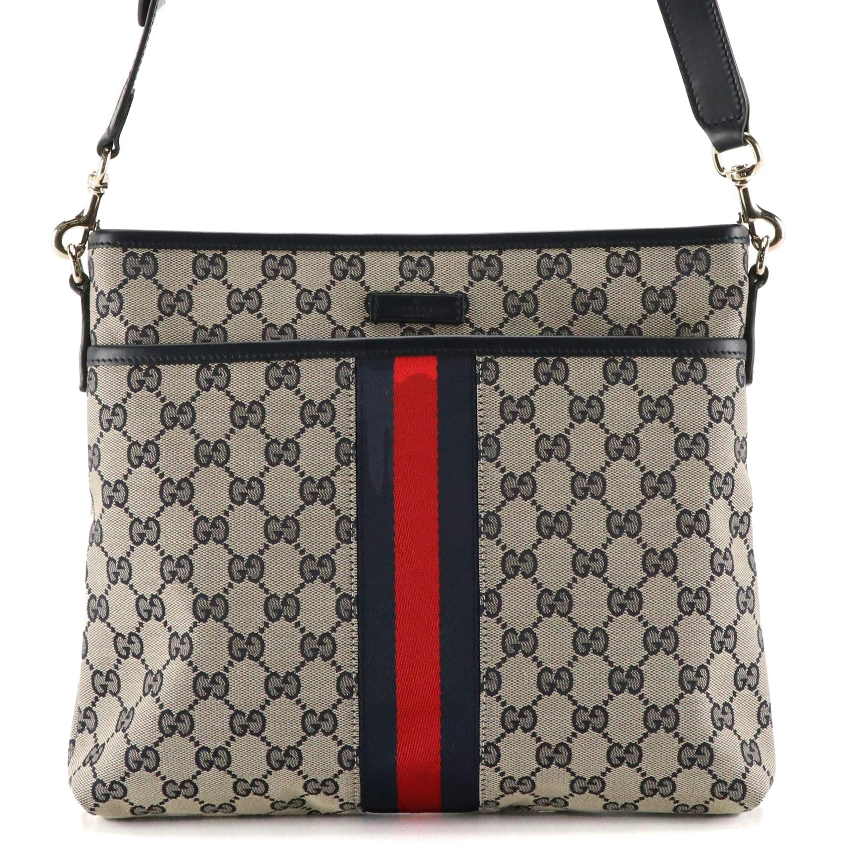 Gucci Front Pocket Messenger Bag in Navy Blue GG Canvas, Web Stripe and Leather