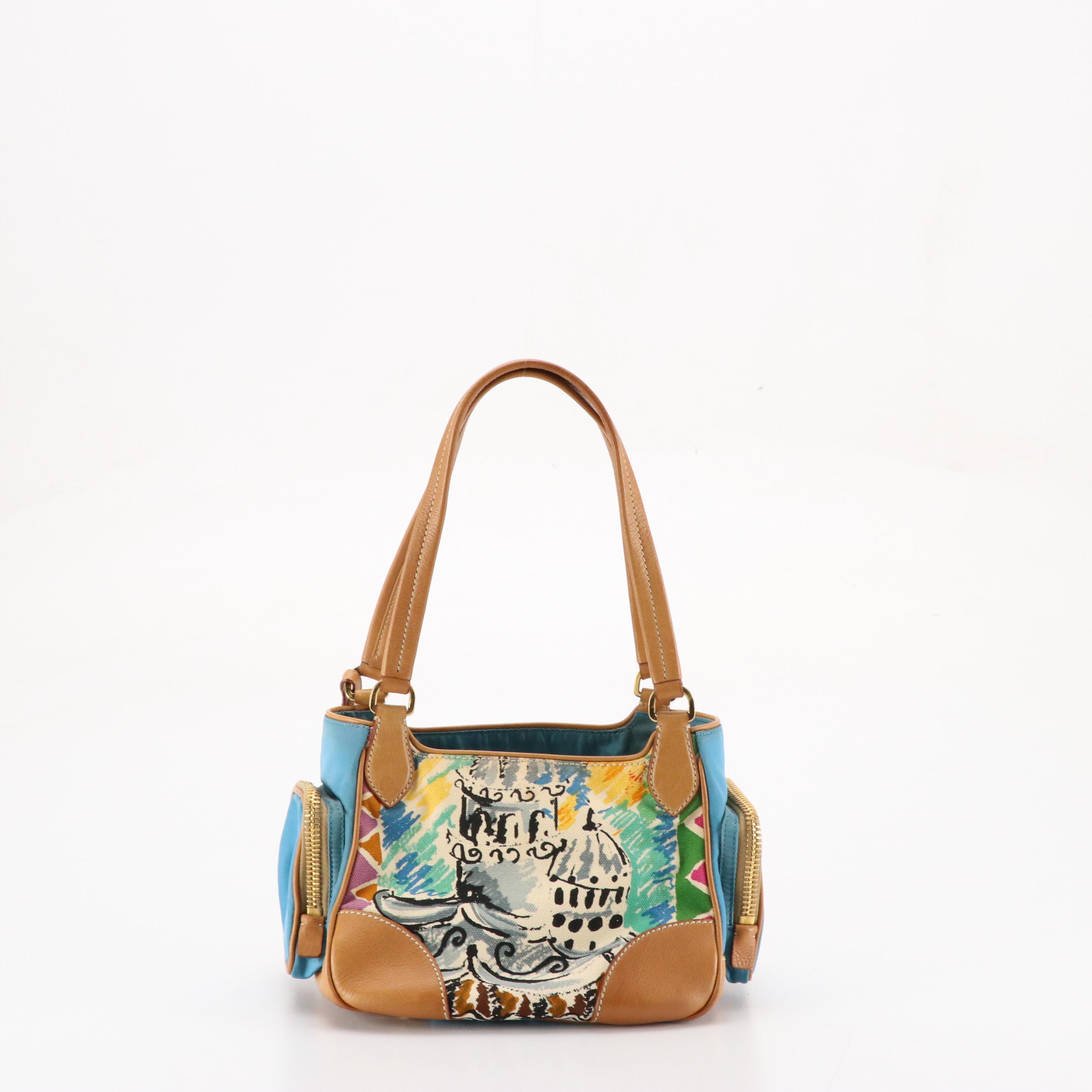 Prada Mini Shoulder Satchel in St. Venez Canapa Canvas and Leather Trim