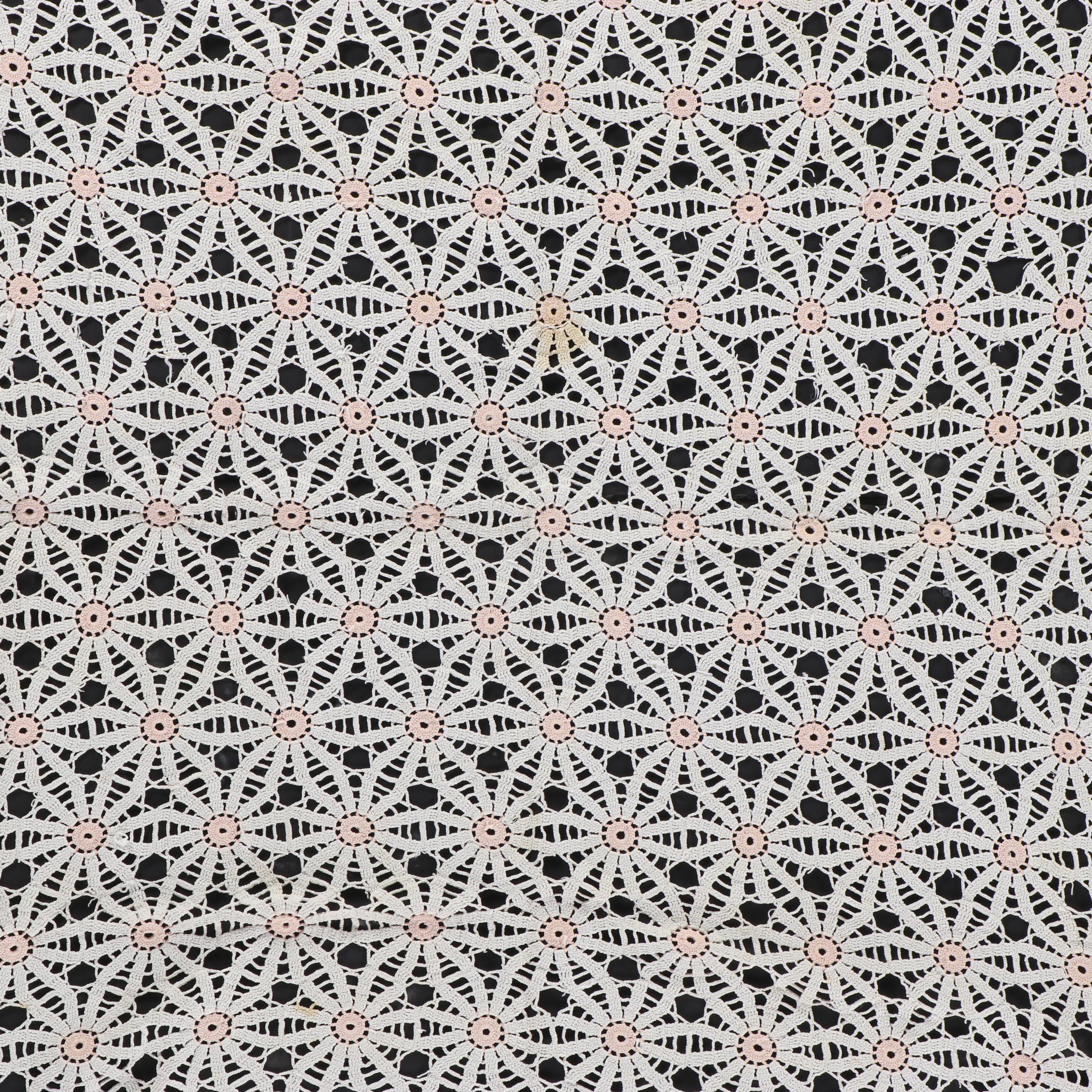 Handmade Crochet Lace Pink and Cream Coverlet, 20th Century