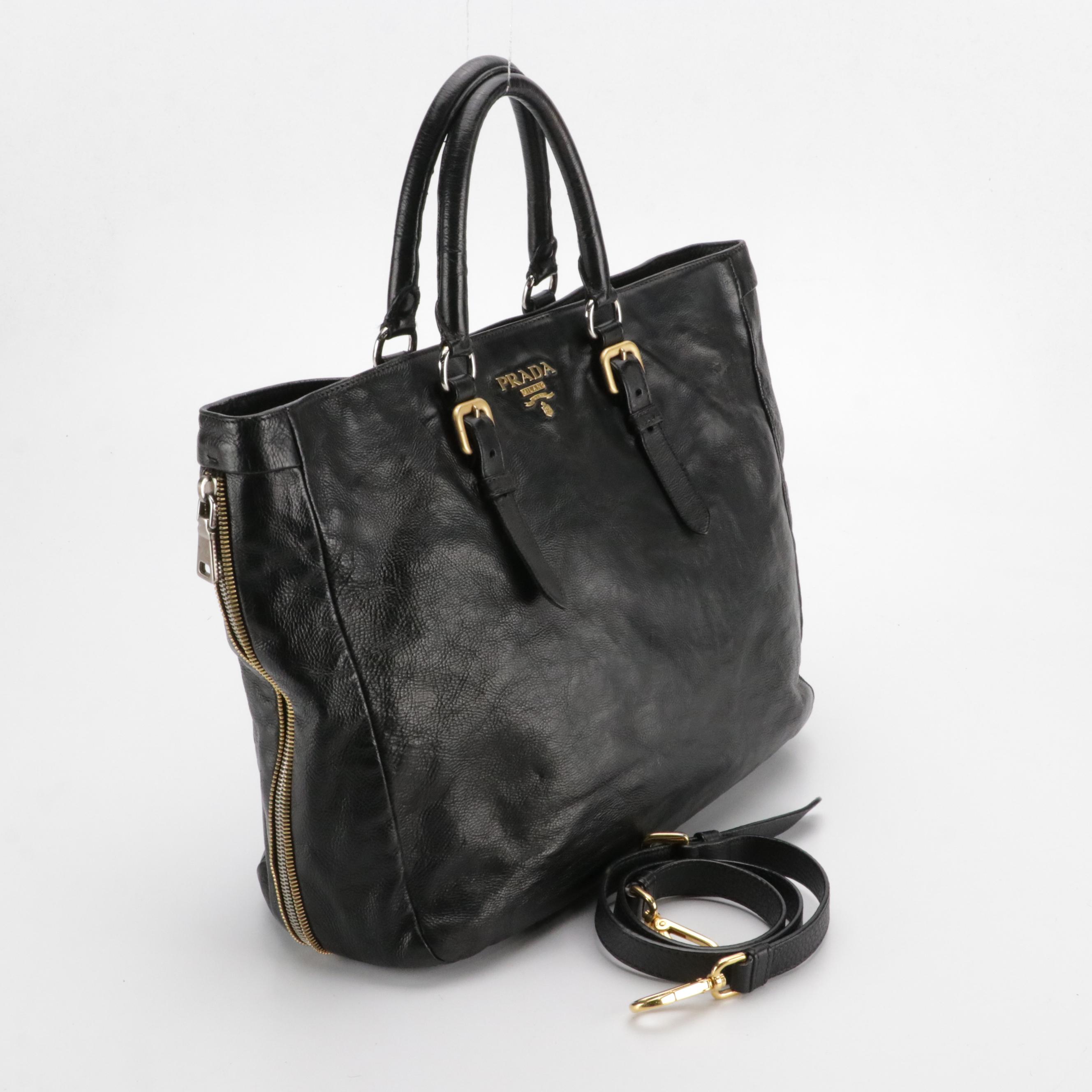 Prada Large Expandable Two-Way Tote in Black Vitello Daino Leather
