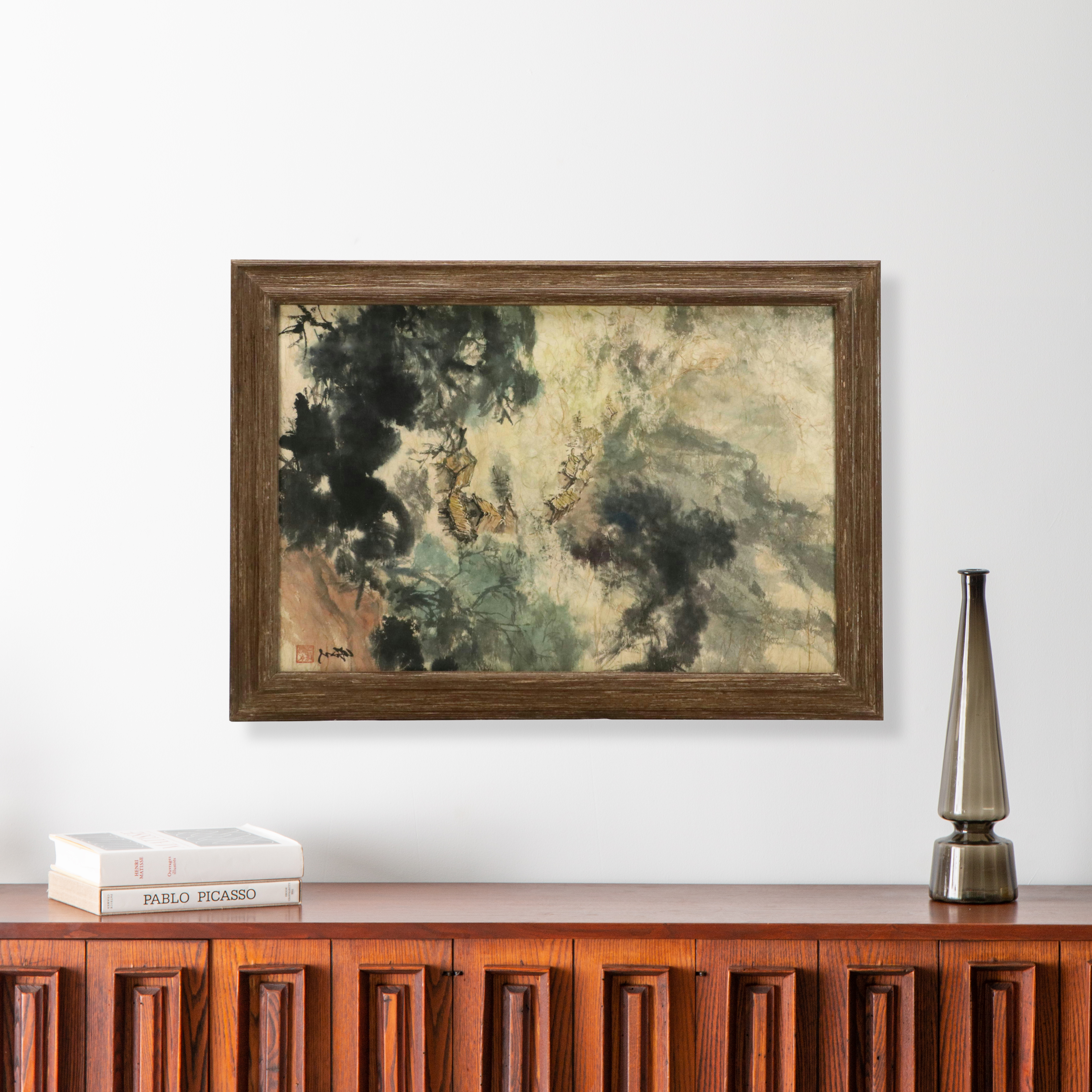 Chinese School Watercolor Painting of Mountain Landscape with Houses