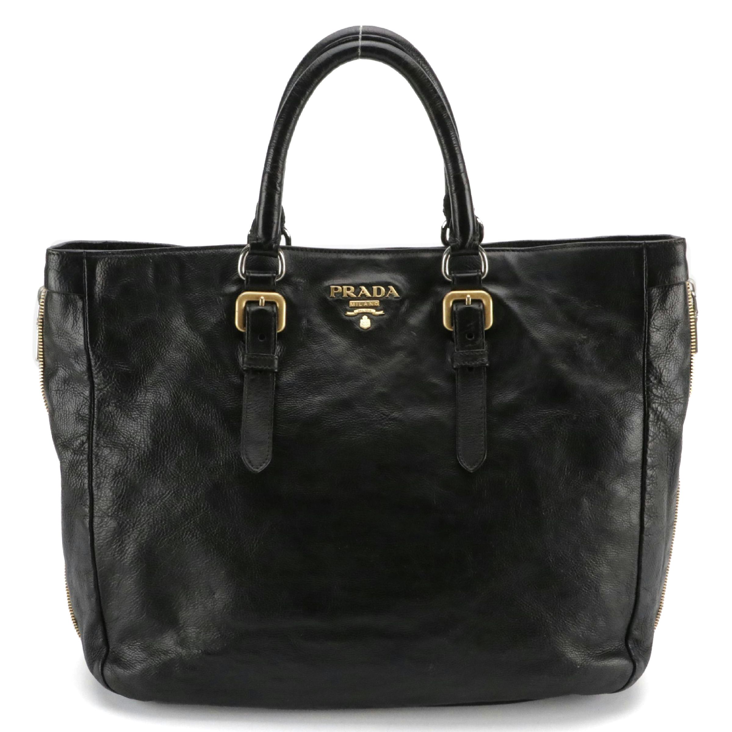 Prada Large Expandable Two-Way Tote in Black Vitello Daino Leather