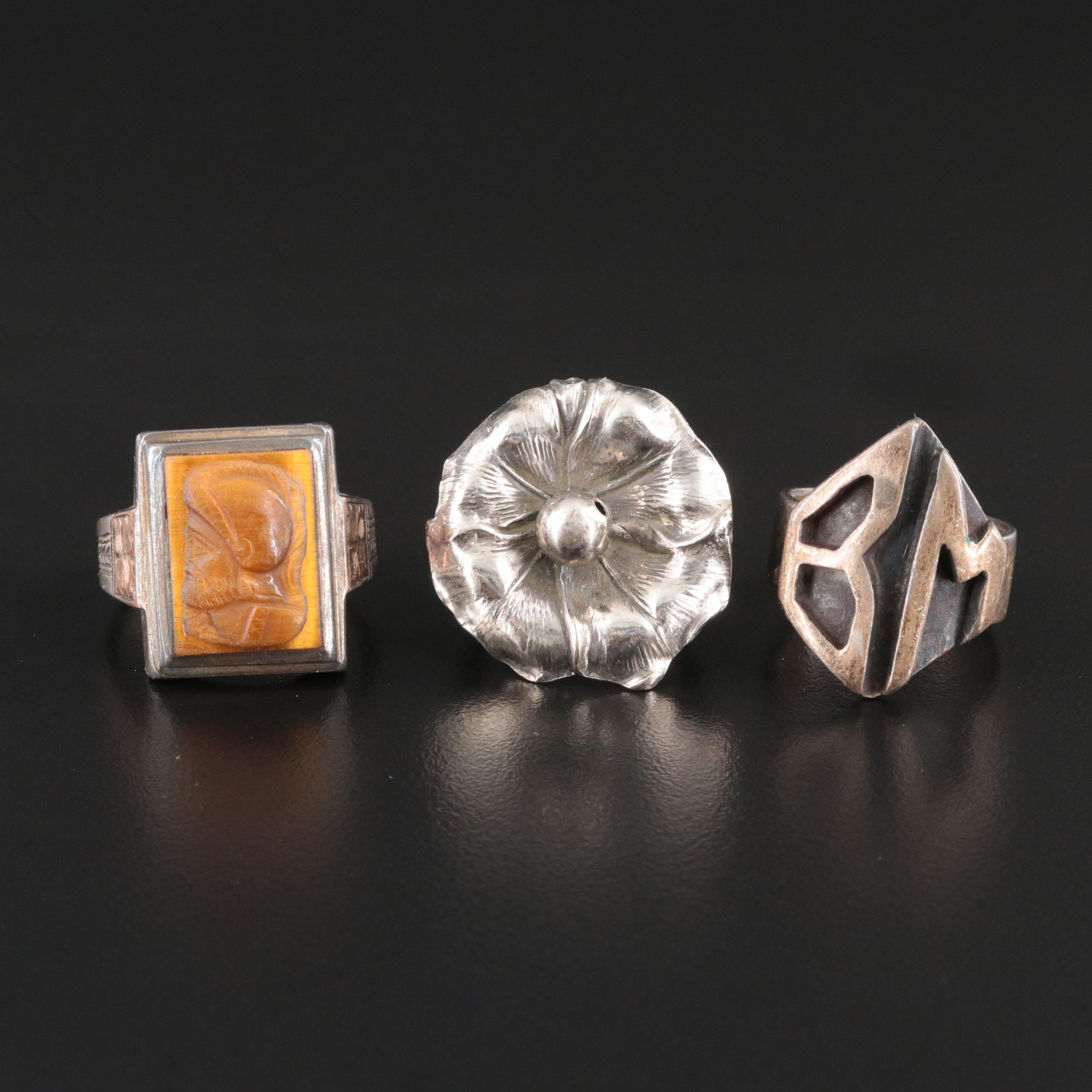 Sterling Rings Including Tiger's Eye Roman Soldier Cameo with 10K Accent