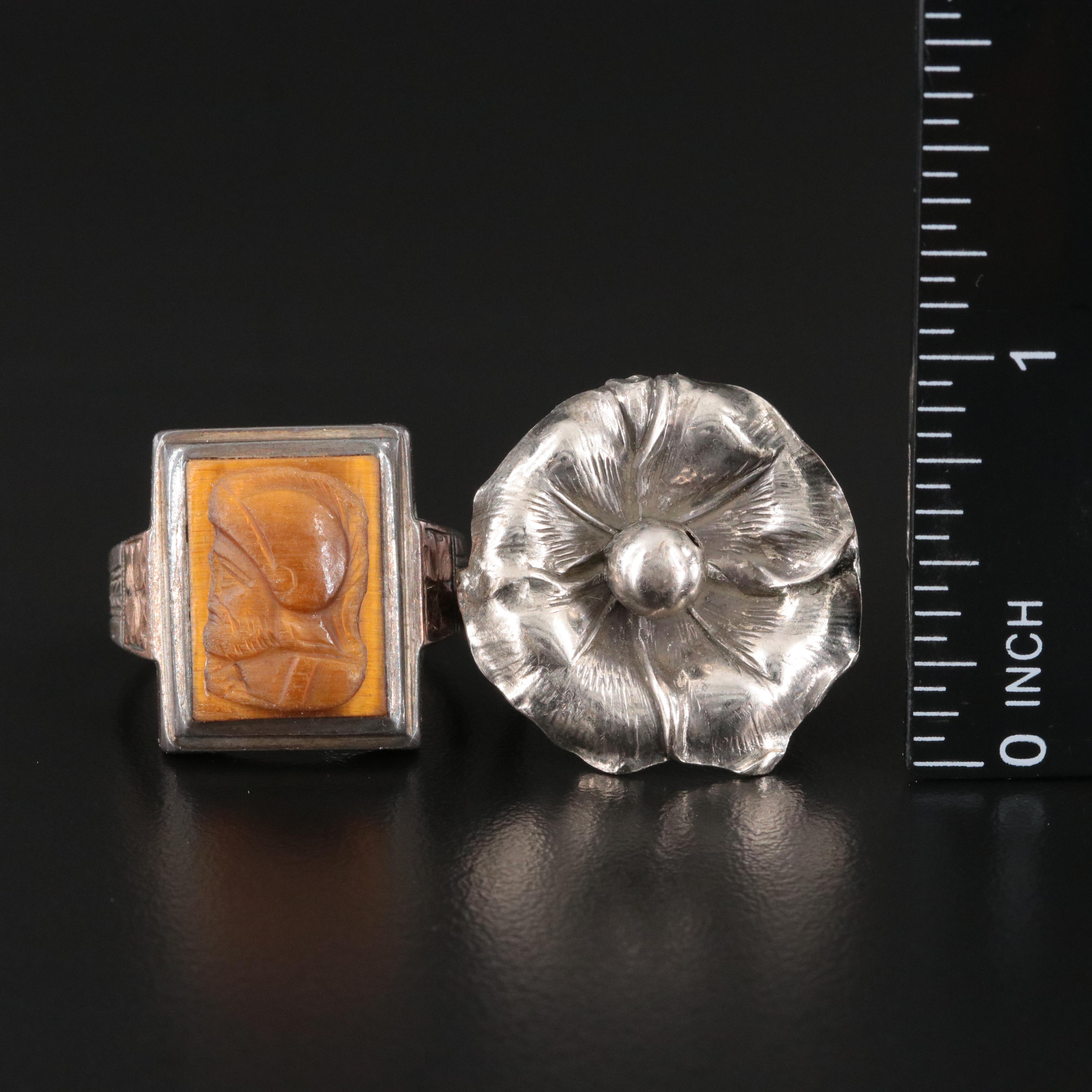 Sterling Rings Including Tiger's Eye Roman Soldier Cameo with 10K Accent