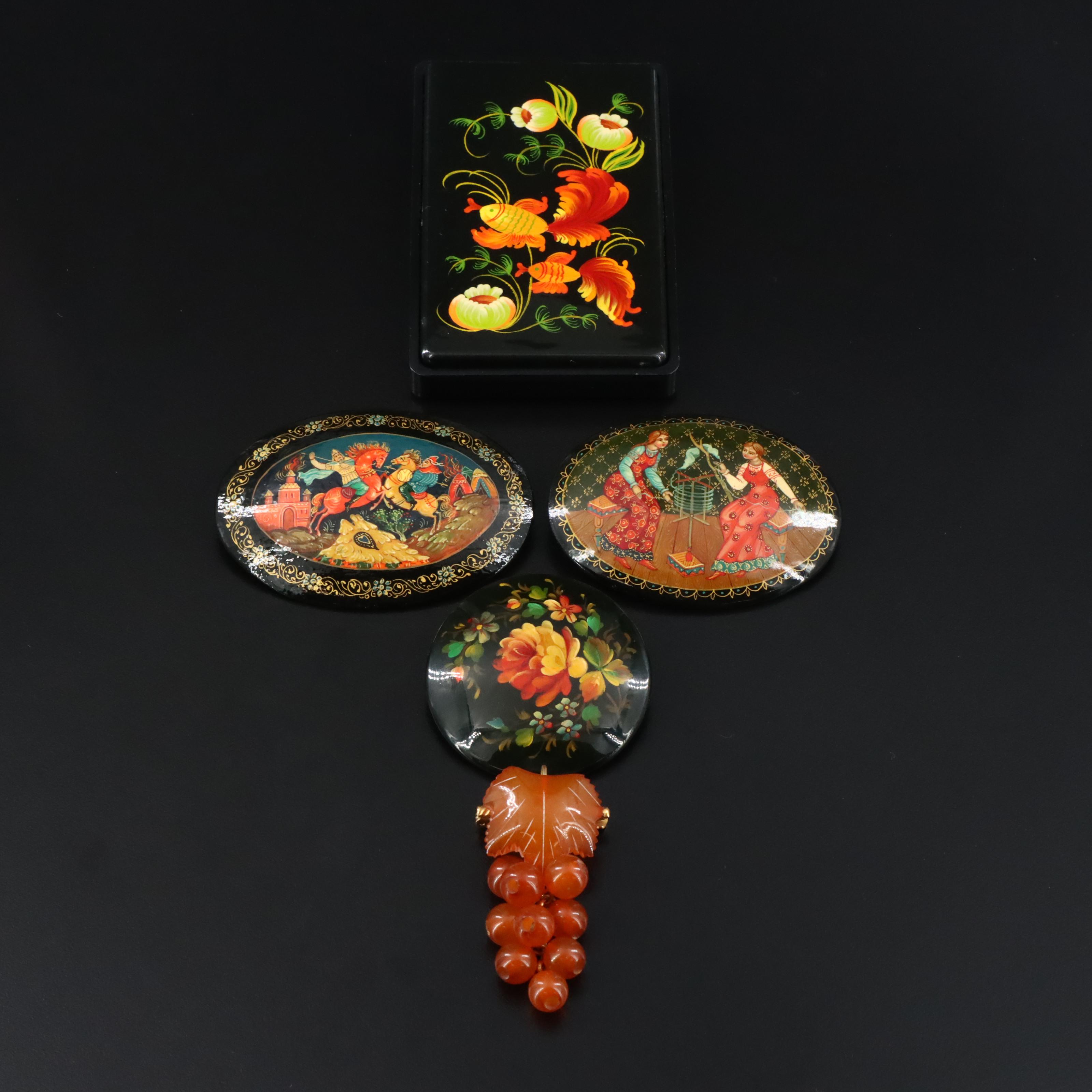 Russian Palekh Lacquerware Brooches and Card Box with Amber Grape Pin
