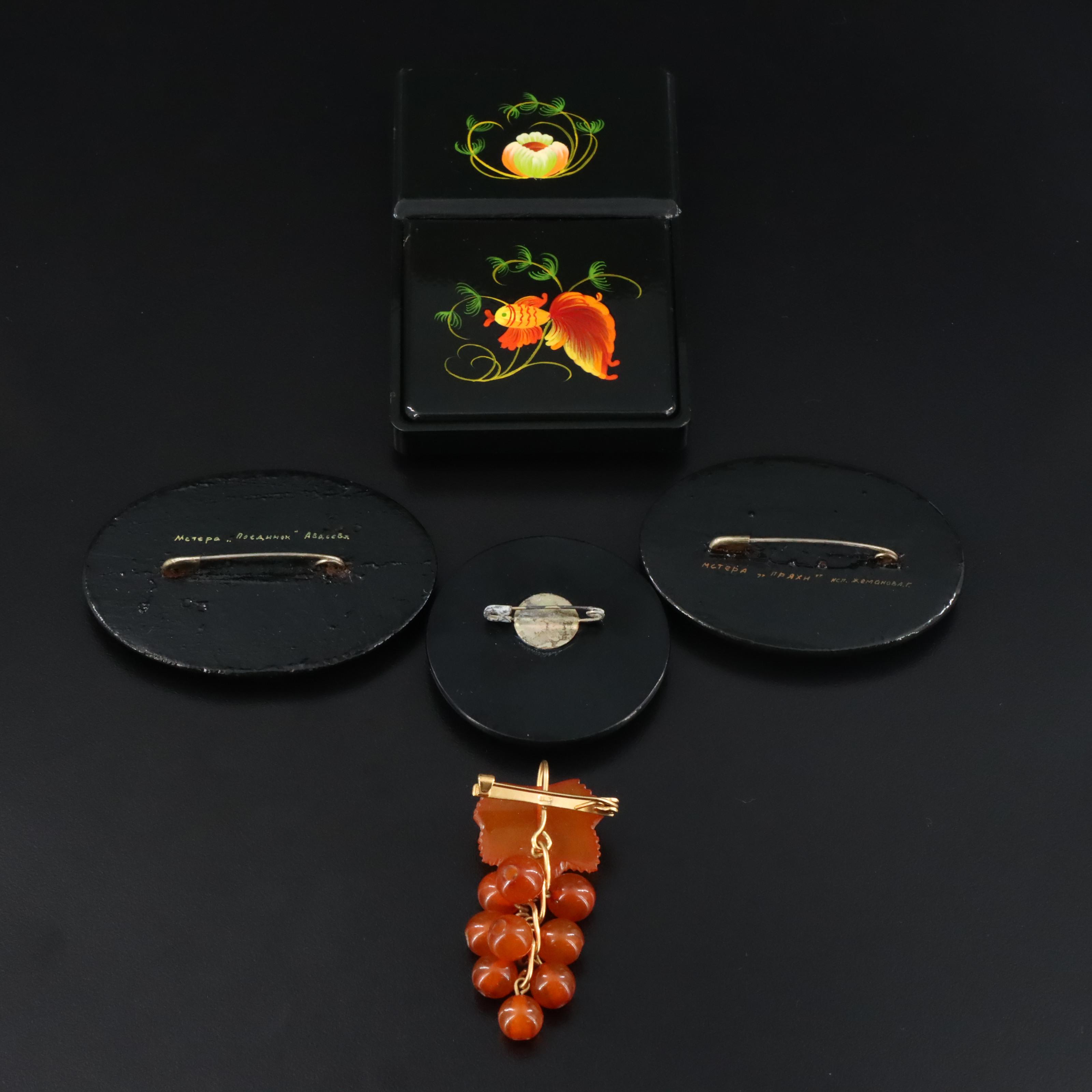 Russian Palekh Lacquerware Brooches and Card Box with Amber Grape Pin