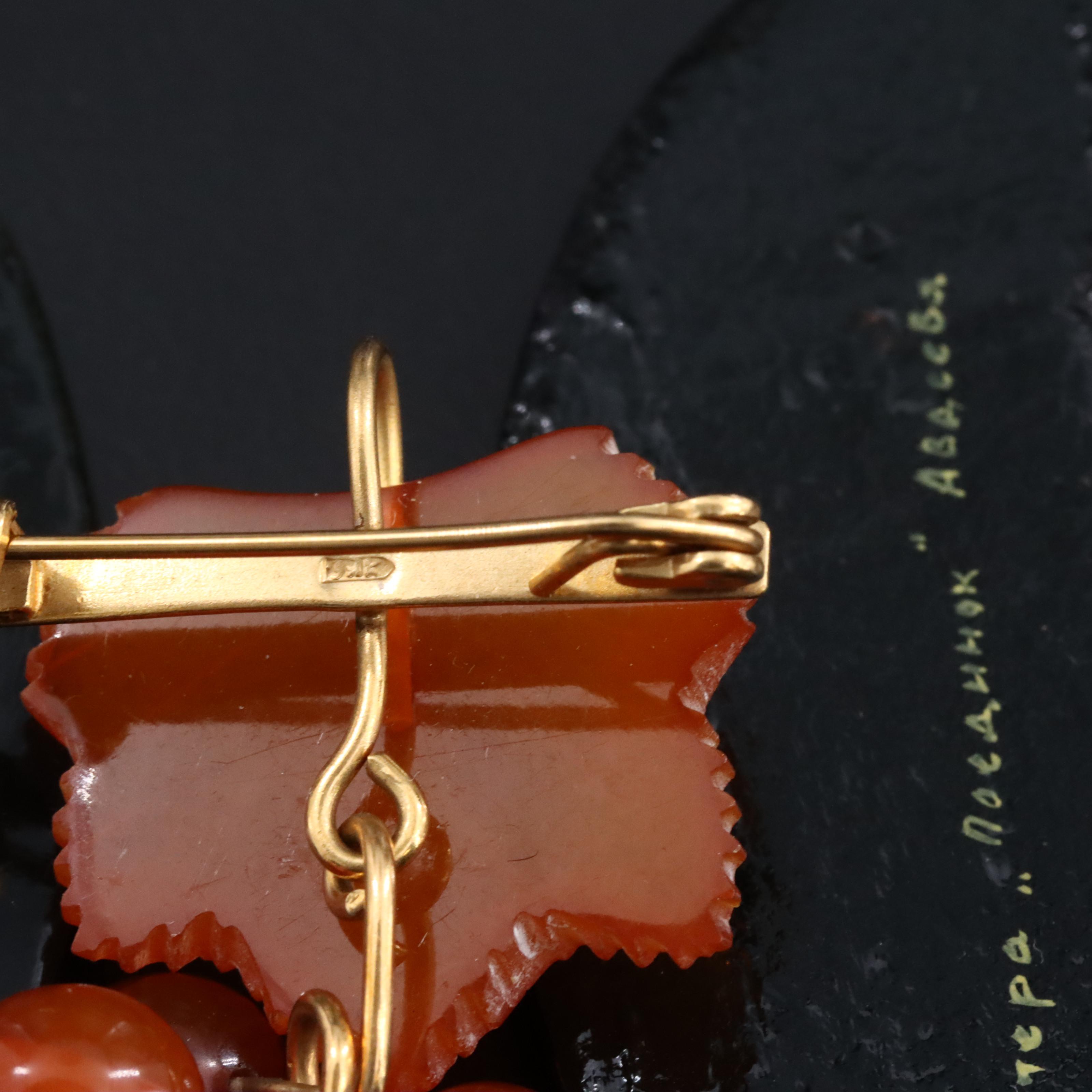 Russian Palekh Lacquerware Brooches and Card Box with Amber Grape Pin