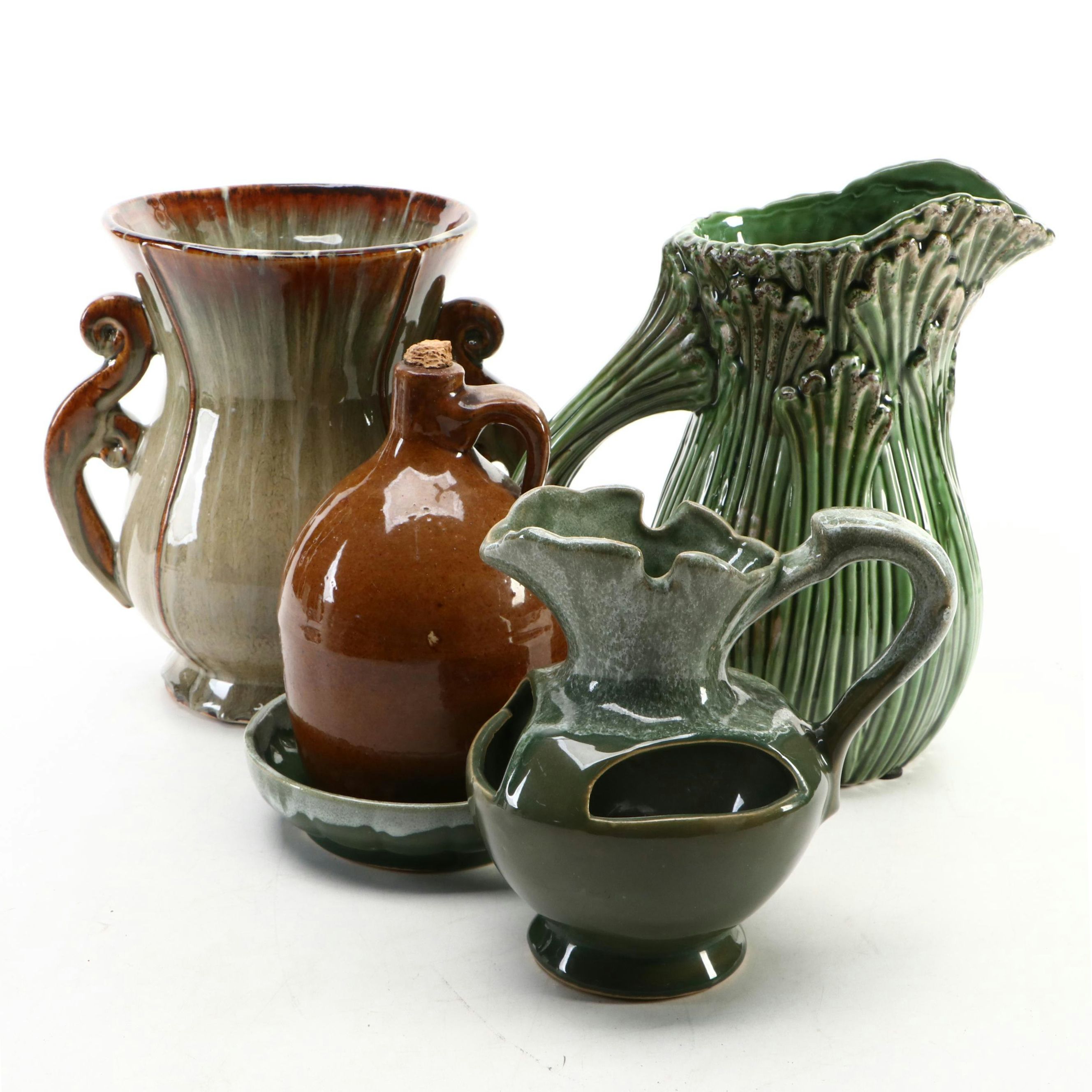 Bordallo Pinheiro Style Pitcher with Other Handmade Ceramic Vessels