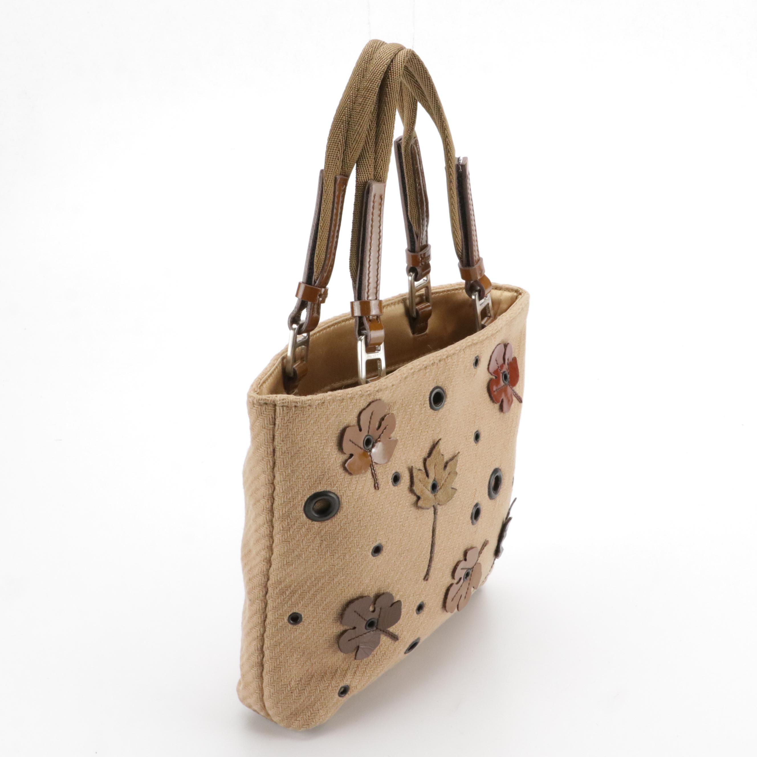 Prada Mini Tote in Beige Wool with Leather Leaf Appliqué and Grommets Details