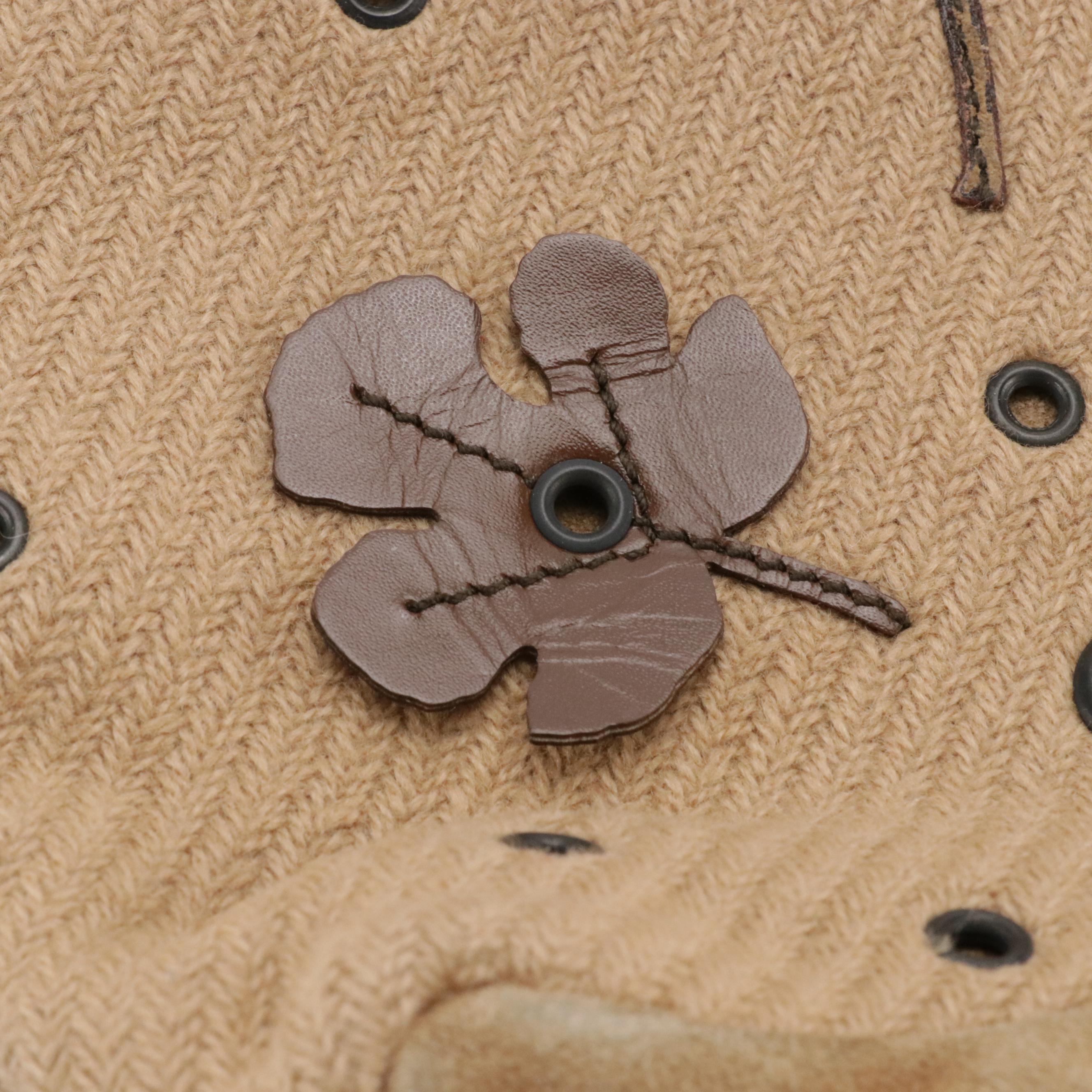 Prada Mini Tote in Beige Wool with Leather Leaf Appliqué and Grommets Details