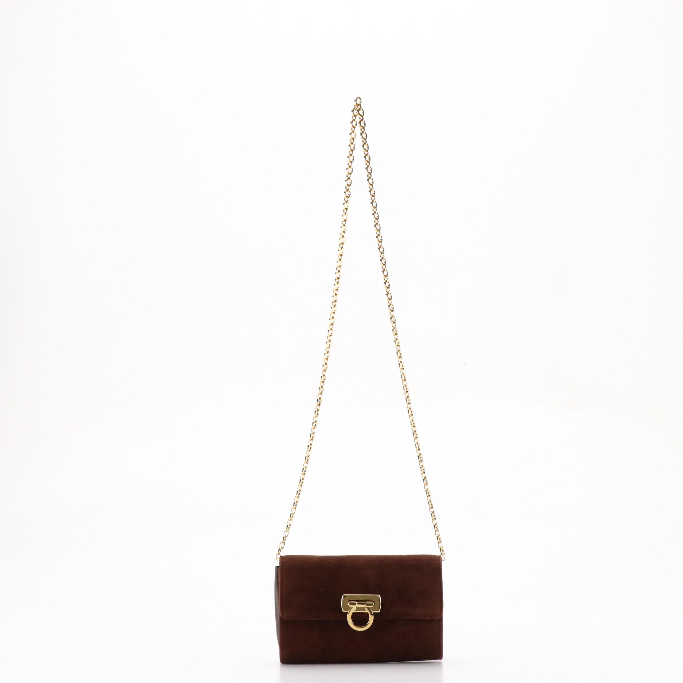 Salvatore Ferragamo Gancini Flap Small Crossbody Bag in Brown Suede and Leather